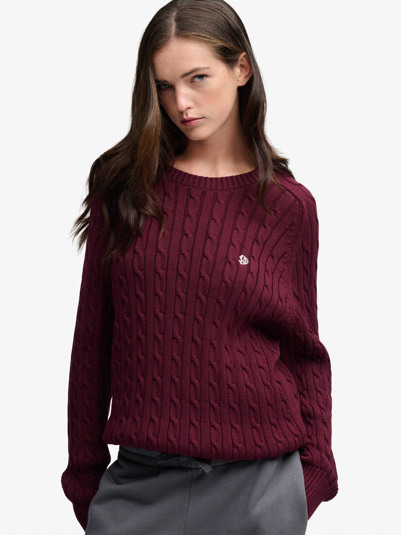 Image 1 of 7 of Superdry Womens Slouchy Cable Knit Crew Neck Jumper - Red