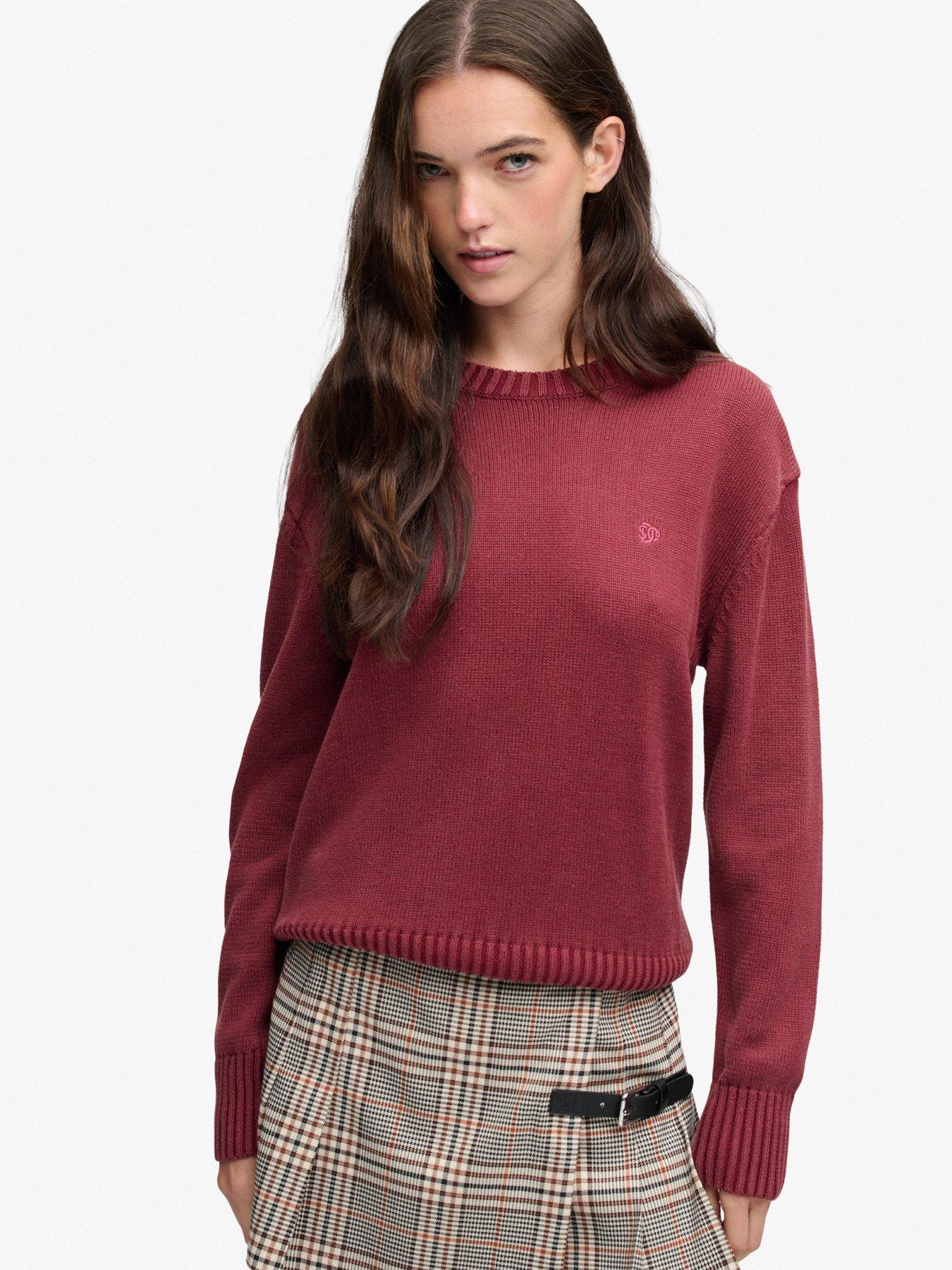 Image 1 of 6 of Superdry Womens Classic Knitted Washed Relaxed Fit Crew Jumper - Red