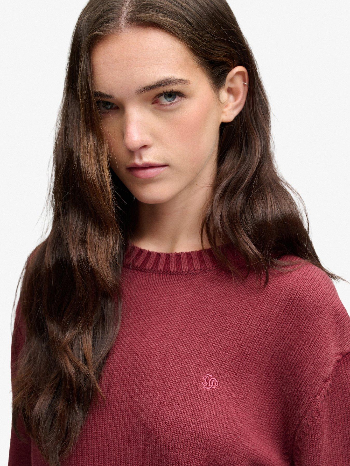Image 5 of 6 of Superdry Womens Classic Knitted Washed Relaxed Fit Crew Jumper - Red