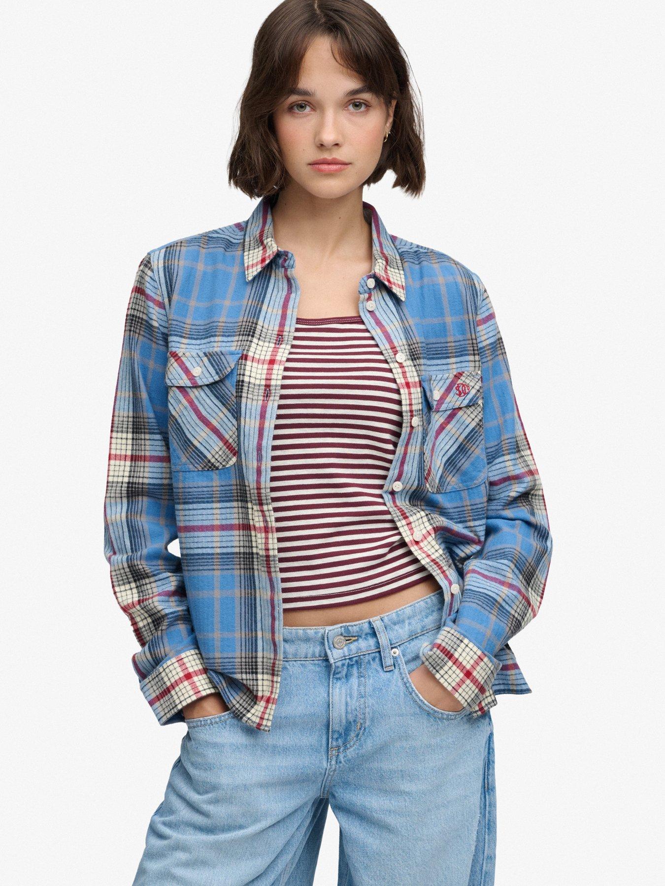 Image 1 of 6 of Superdry Womens Lumberjack Check Organic Cotton Flannel Shirt - Blue