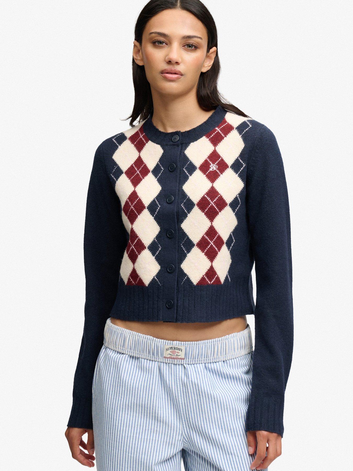 Image 1 of 6 of Superdry Womens Argyle Crew Neck Button Through Cardigan - Navy