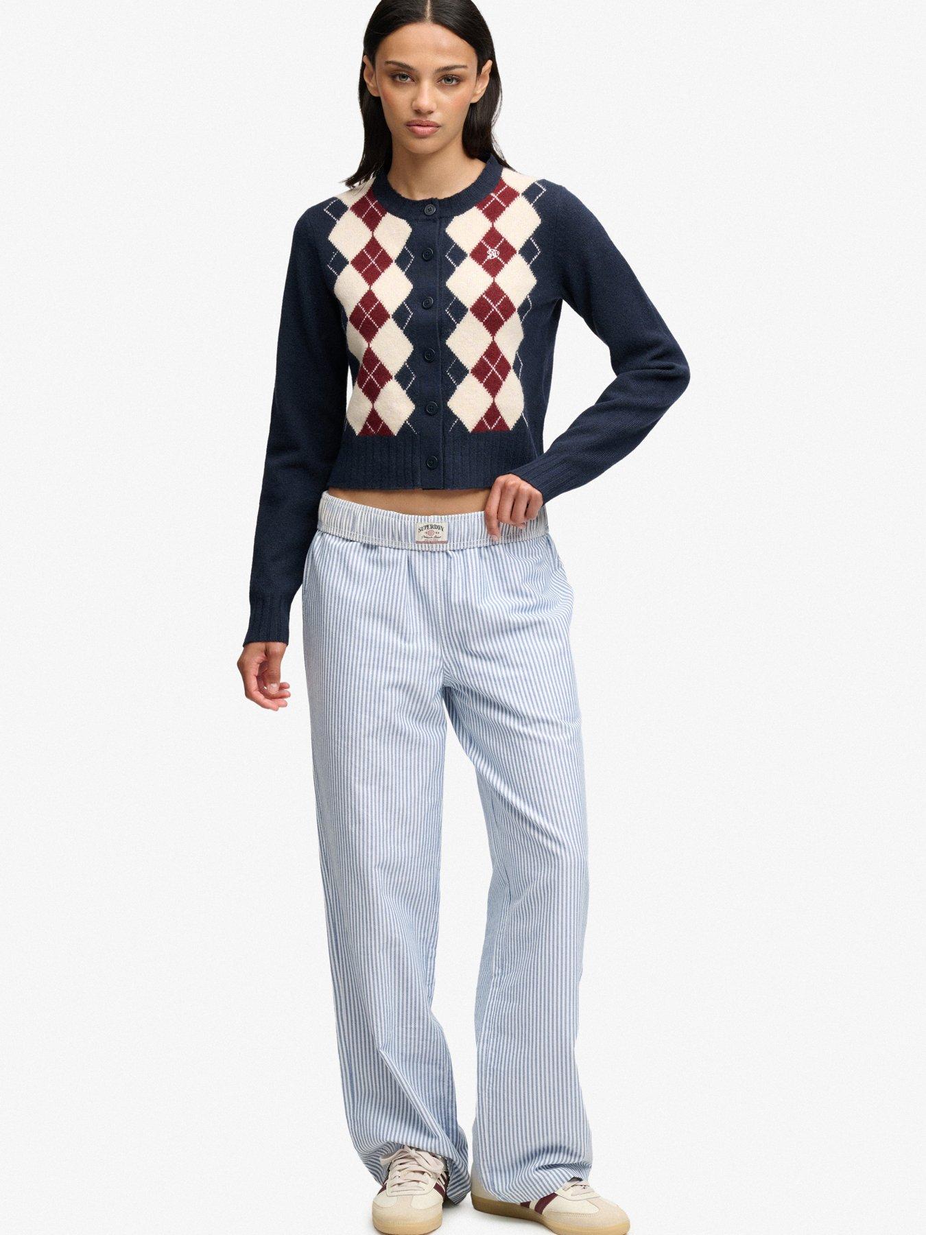 Image 3 of 6 of Superdry Womens Argyle Crew Neck Button Through Cardigan - Navy