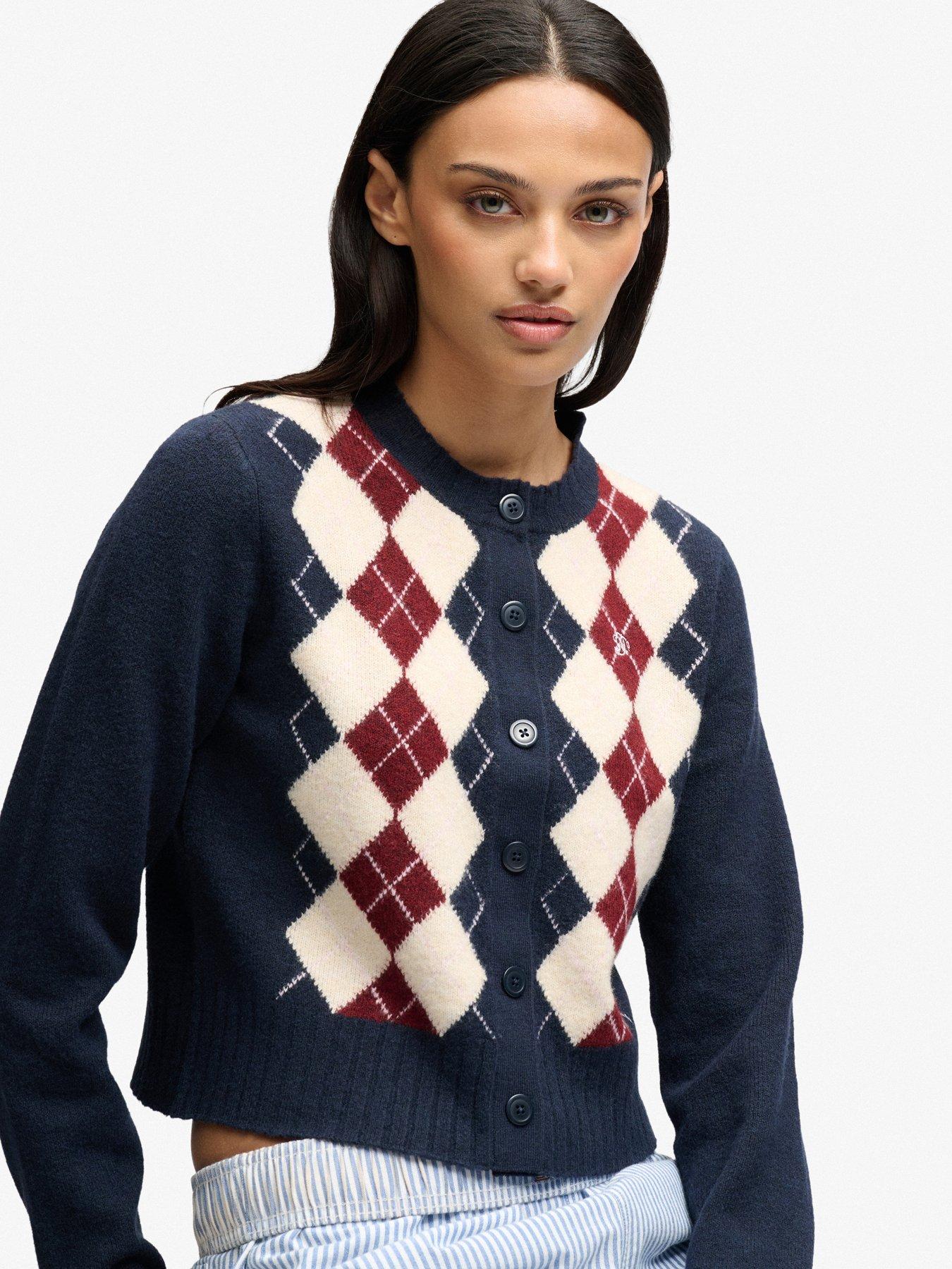 Image 4 of 6 of Superdry Womens Argyle Crew Neck Button Through Cardigan - Navy