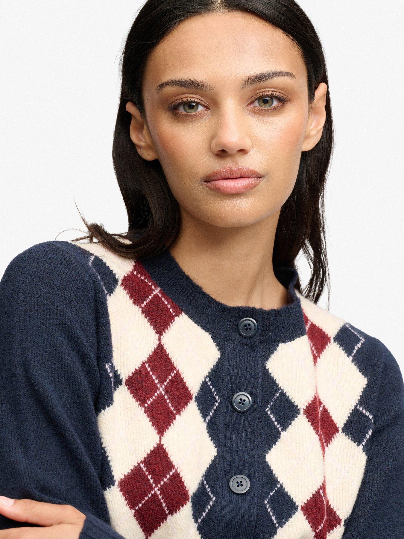 Image 5 of 6 of Superdry Womens Argyle Crew Neck Button Through Cardigan - Navy
