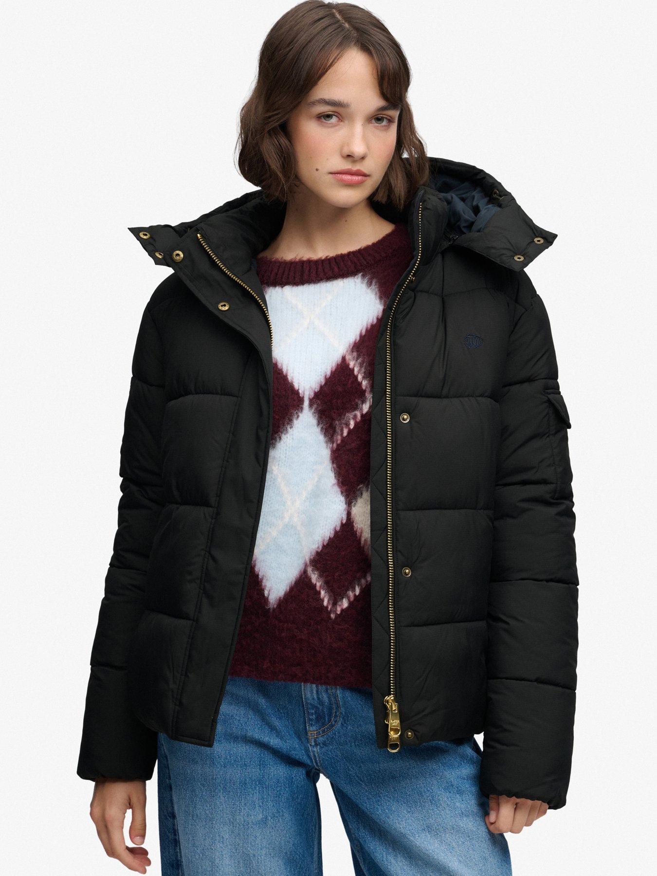 Image 1 of 6 of Superdry Womens Premium Relaxed Fit Hooded Puffer Jacket - Black