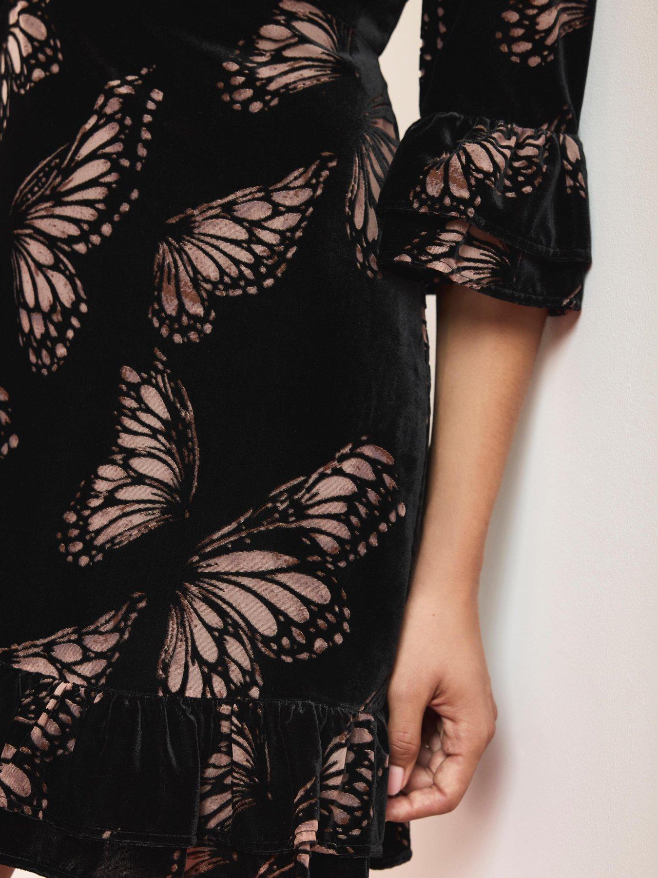 Image 4 of 6 of Mint Velvet Womens Butterfly Velvet Ruffle Mini Dress - Black