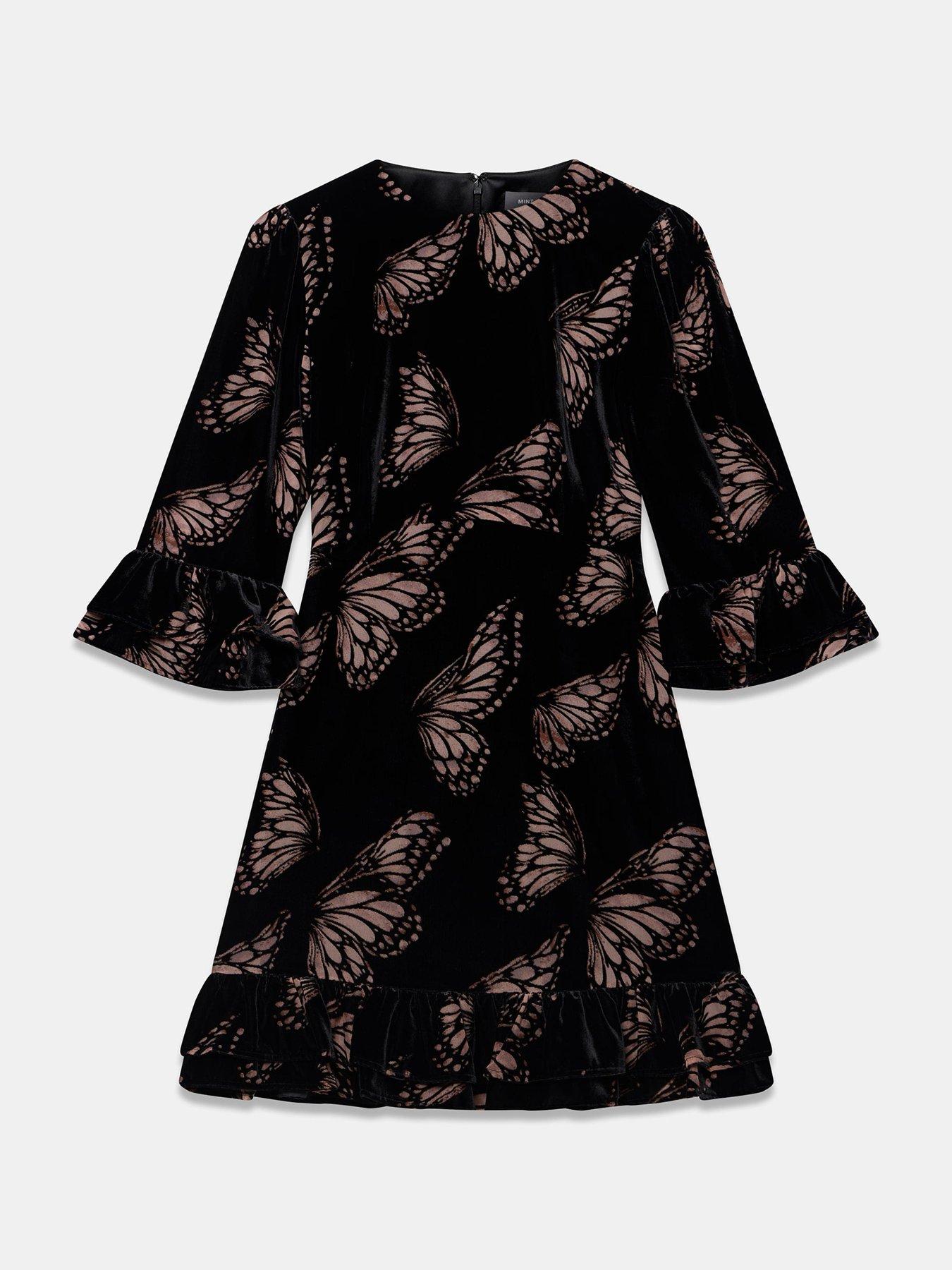 Image 5 of 6 of Mint Velvet Womens Butterfly Velvet Ruffle Mini Dress - Black