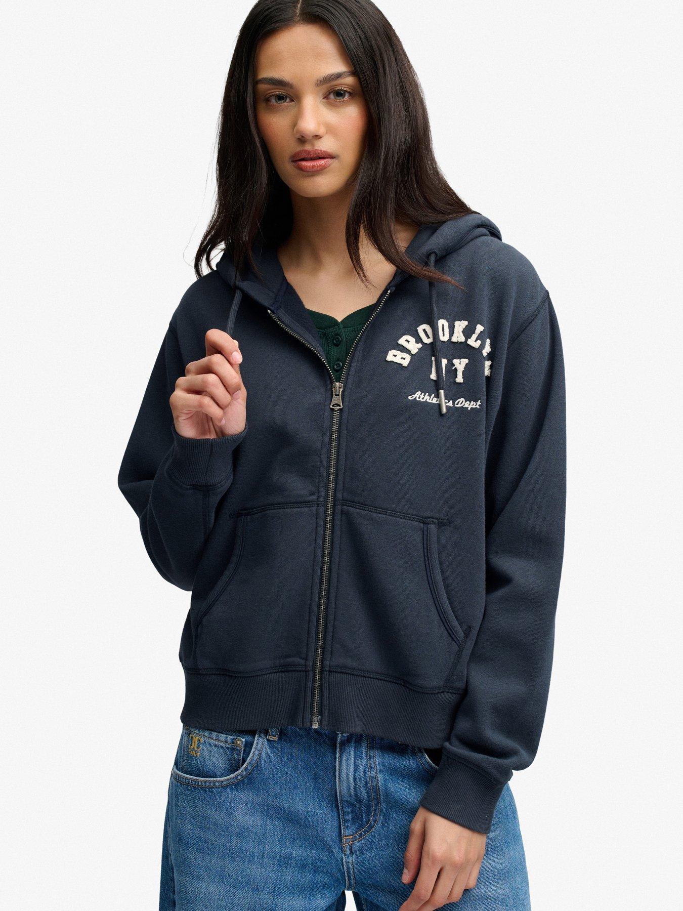 Image 1 of 6 of Superdry Womens Athletic Essentials Zip-Through Hoodie - Navy