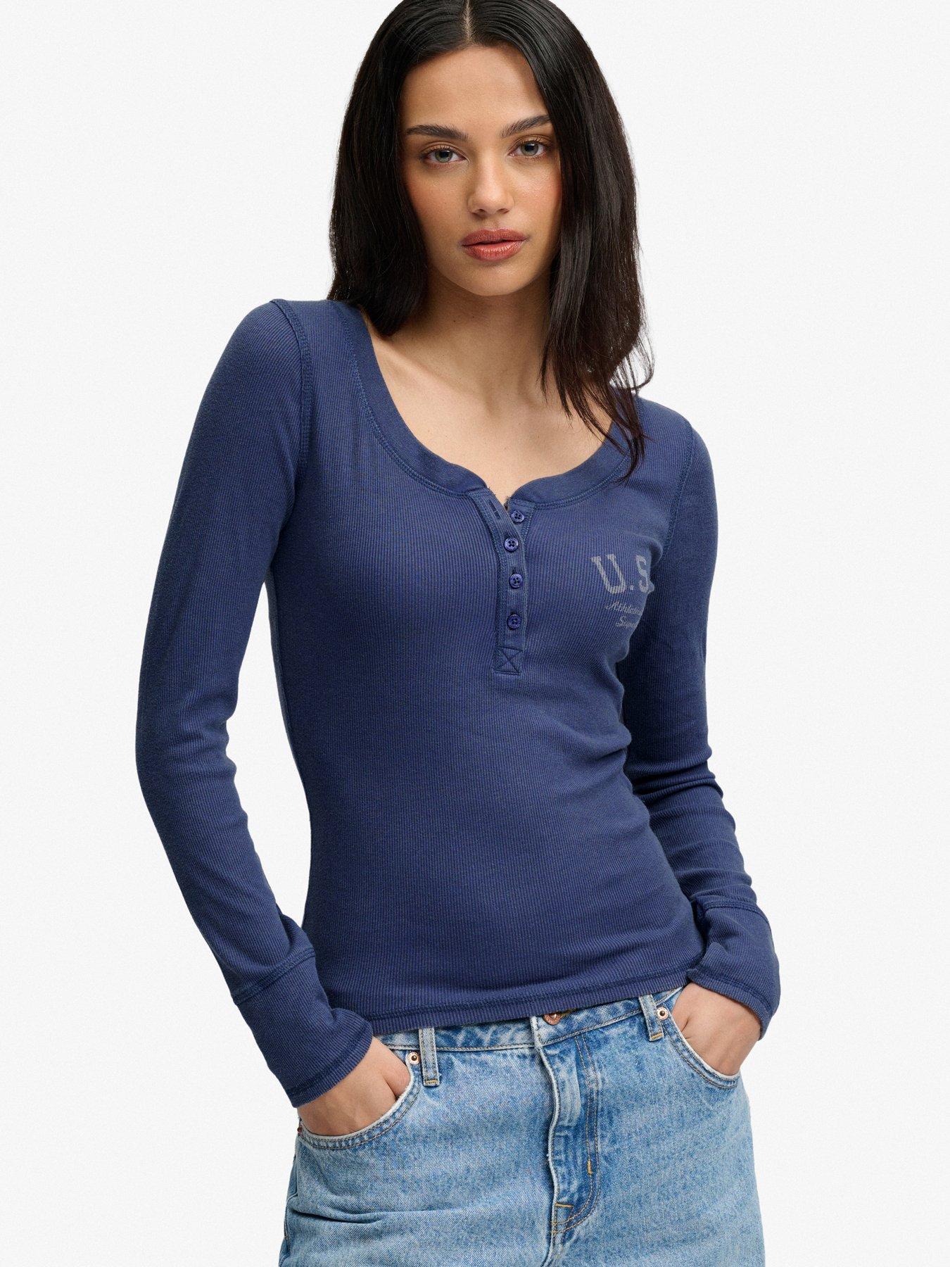 Image 1 of 7 of Superdry Womens Athletic Ribbed Washed Button Down Long Sleeve Top - Navy