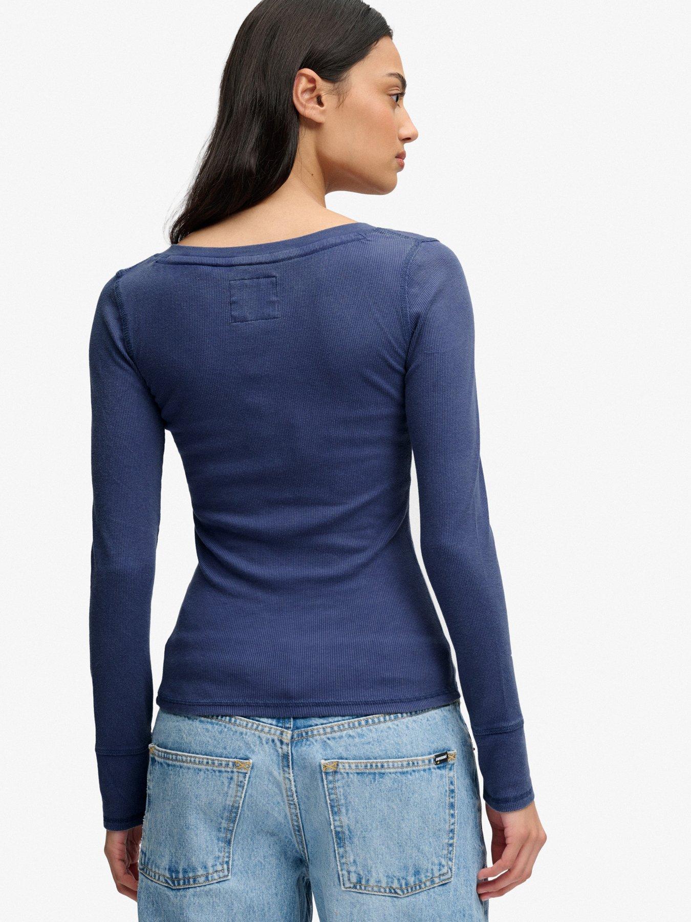 Image 2 of 7 of Superdry Womens Athletic Ribbed Washed Button Down Long Sleeve Top - Navy