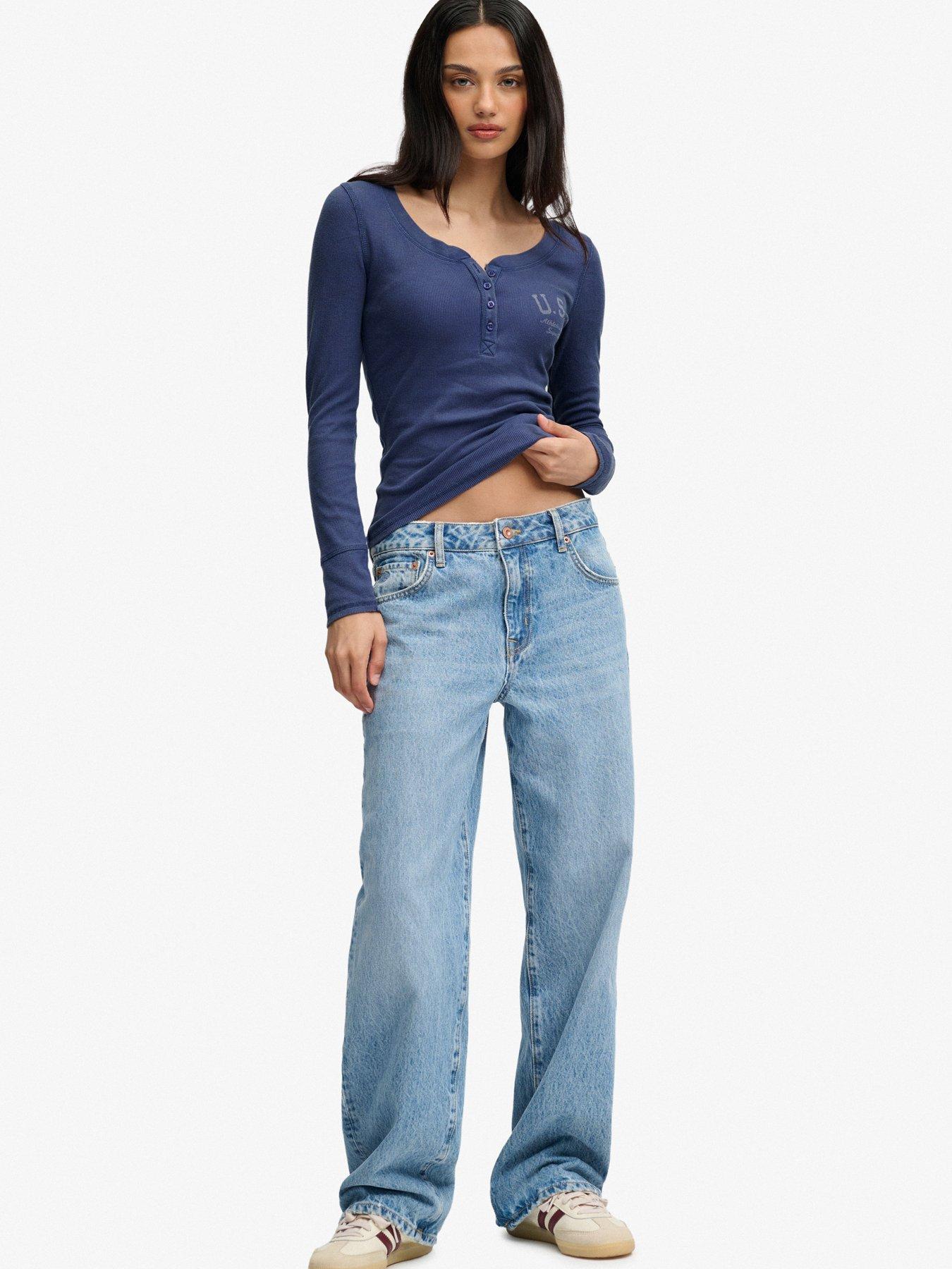 Image 3 of 7 of Superdry Womens Athletic Ribbed Washed Button Down Long Sleeve Top - Navy