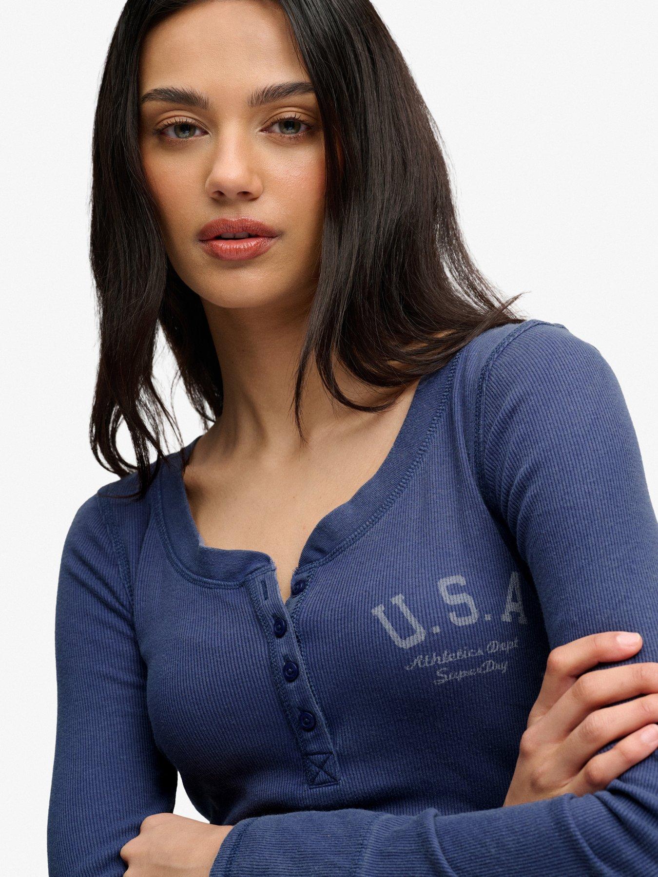 Image 4 of 7 of Superdry Womens Athletic Ribbed Washed Button Down Long Sleeve Top - Navy