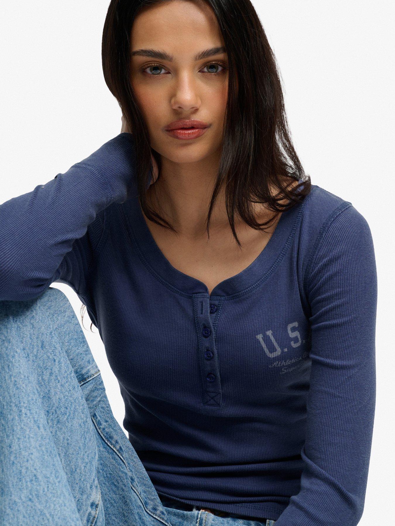 Image 5 of 7 of Superdry Womens Athletic Ribbed Washed Button Down Long Sleeve Top - Navy