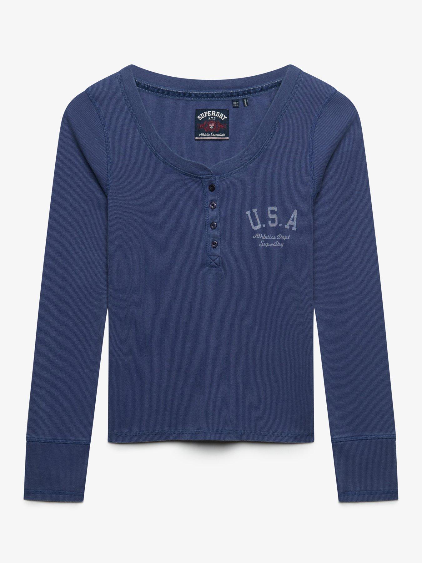 Image 7 of 7 of Superdry Womens Athletic Ribbed Washed Button Down Long Sleeve Top - Navy