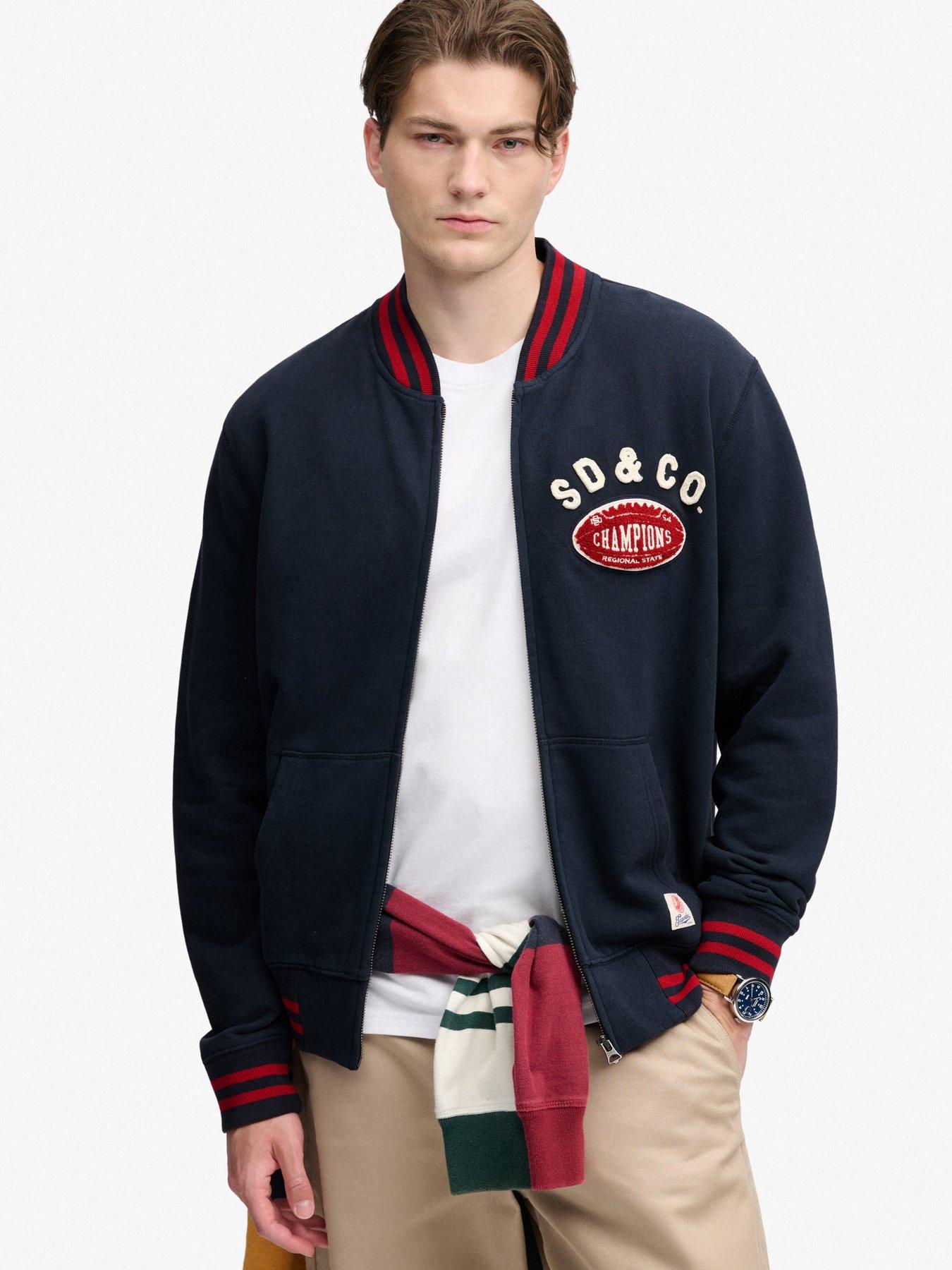 Image 1 of 6 of Superdry Mens Vintage Athletic Relaxed Fit Zip Bomber Jacket - Navy