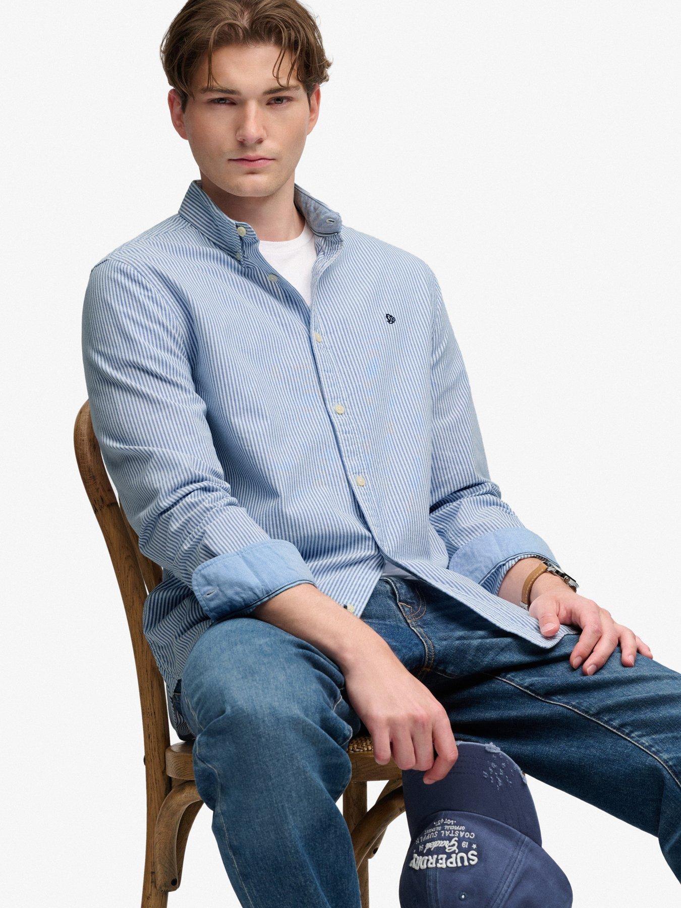 Image 4 of 6 of Superdry Mens Preppy Oxford Relaxed Fit Stripe Long Sleeve Shirt - Blue