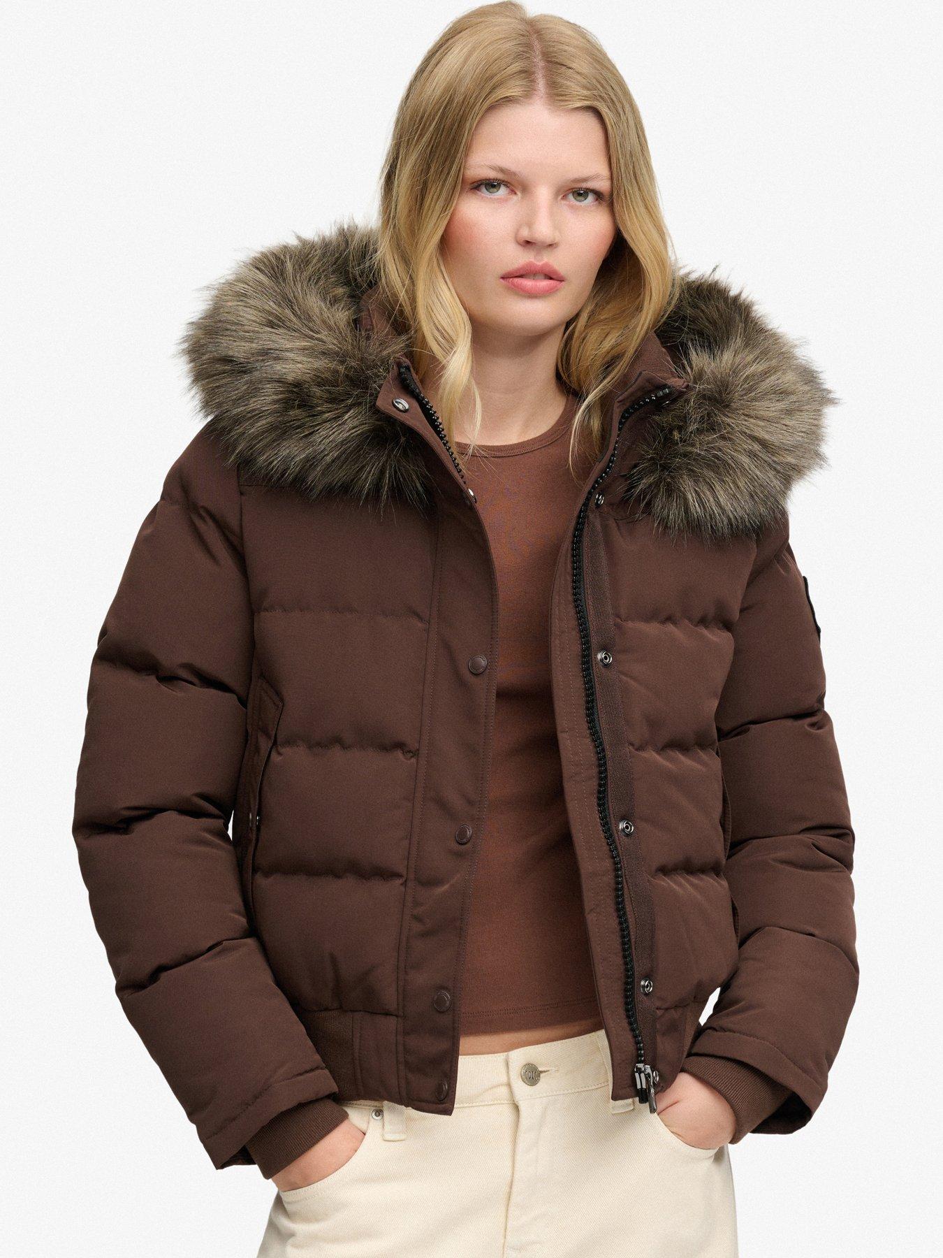 Image 1 of 7 of Superdry Womens Everest Detachable Hood Bomber Jacket - Brown