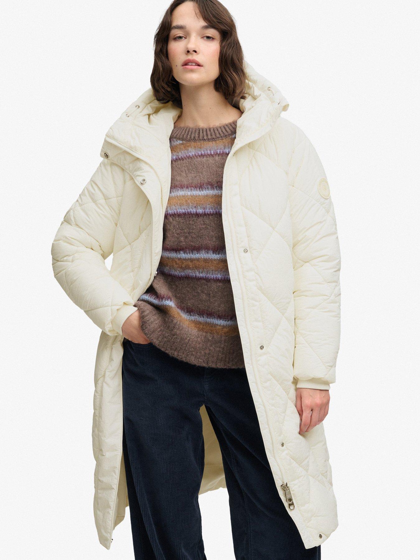 Image 1 of 7 of Superdry Womens Longline Diamond Quilted Hooded Jacket - White