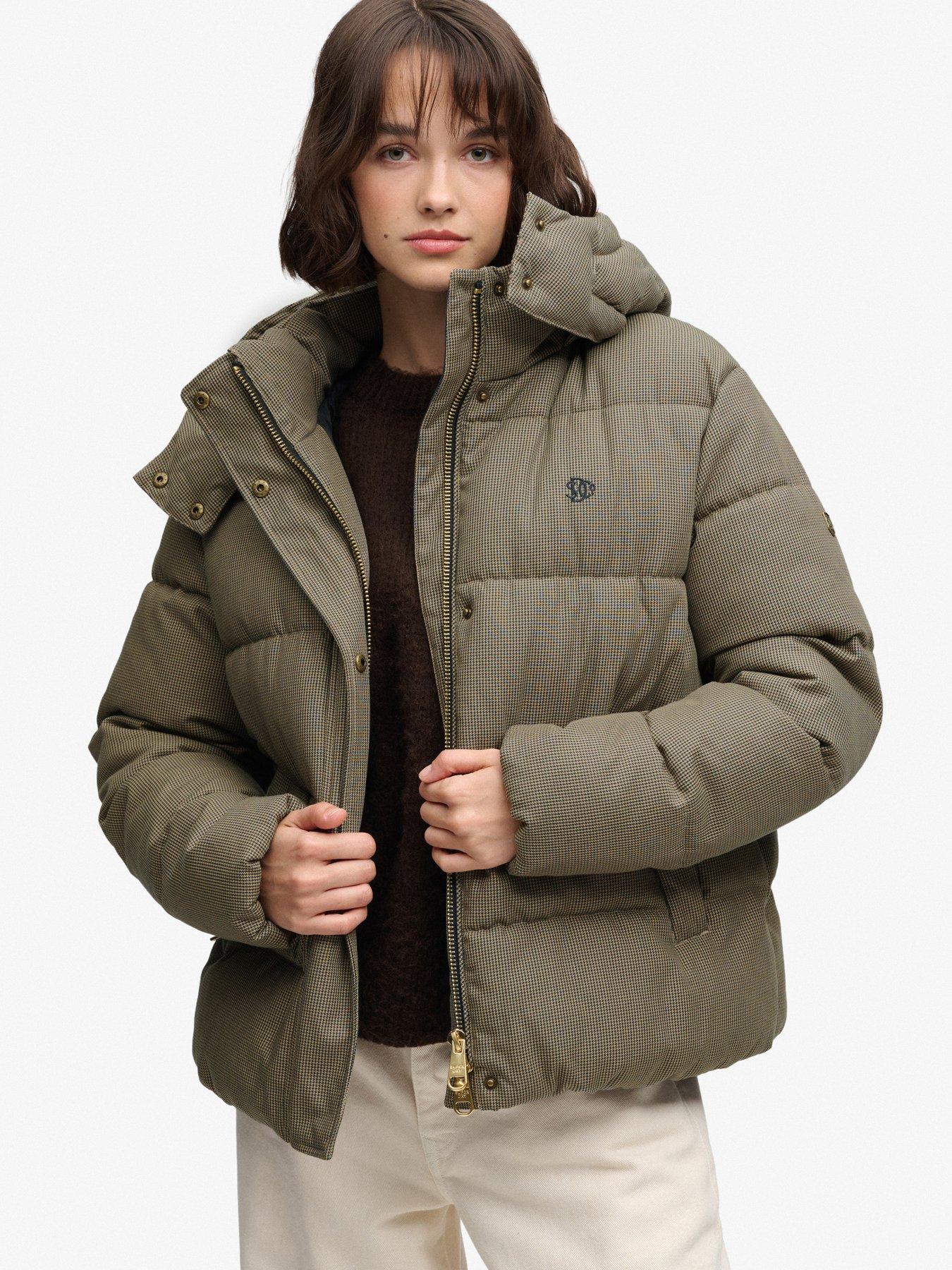 Image 1 of 7 of Superdry Womens Premium Hood Check Two-Way Zip Puffer Jacket - Brown