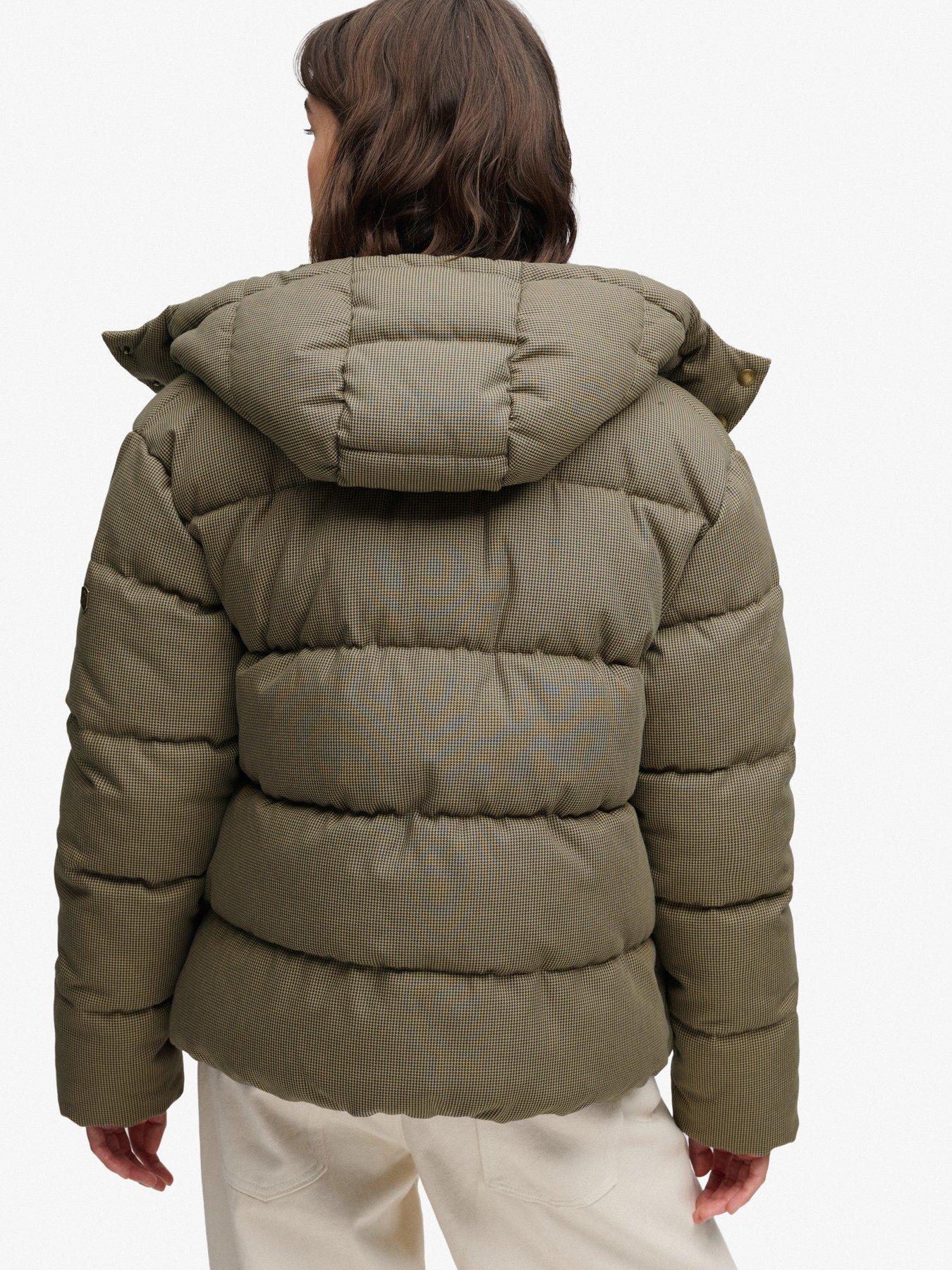 Image 2 of 7 of Superdry Womens Premium Hood Check Two-Way Zip Puffer Jacket - Brown