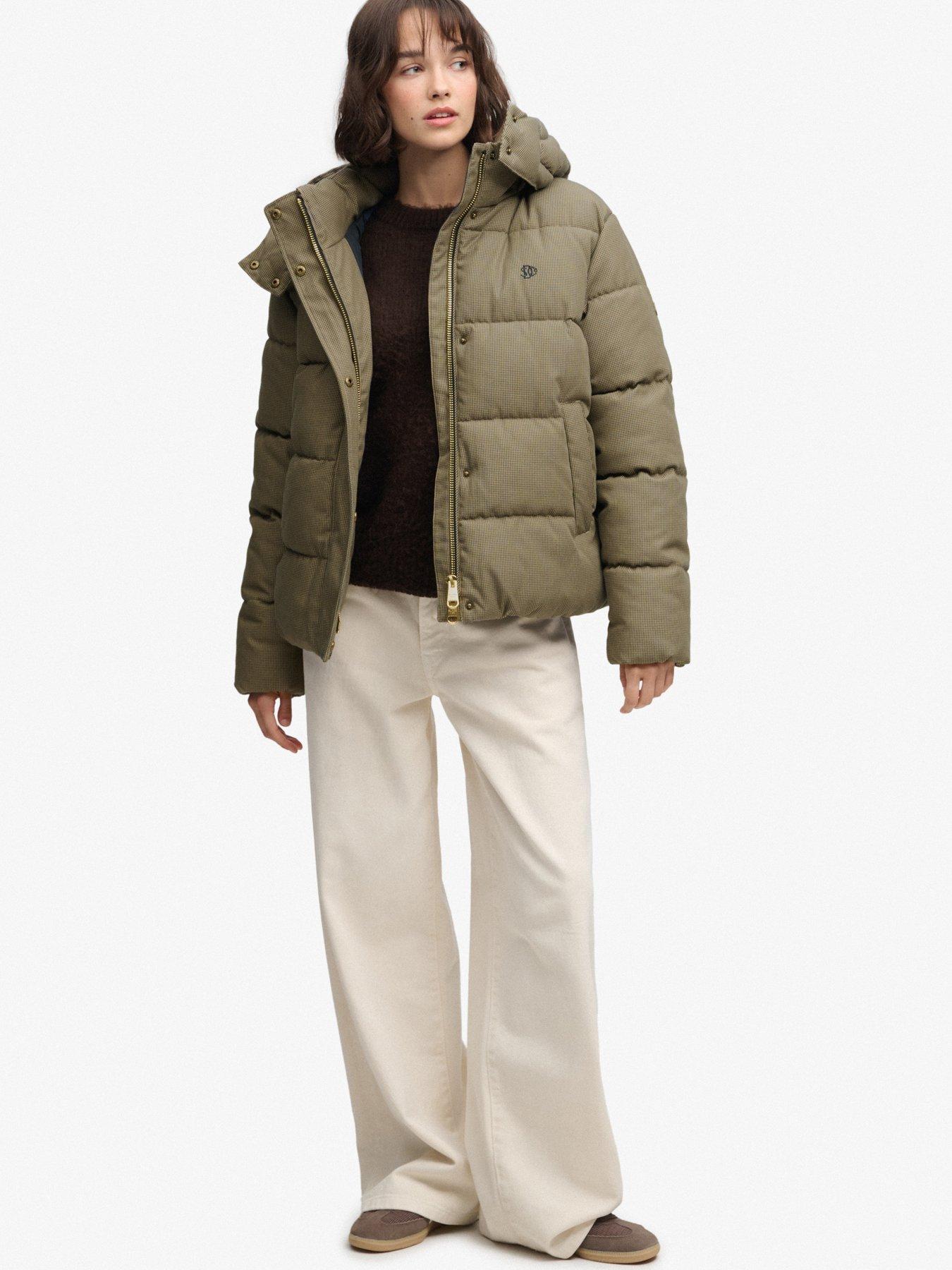Image 3 of 7 of Superdry Womens Premium Hood Check Two-Way Zip Puffer Jacket - Brown