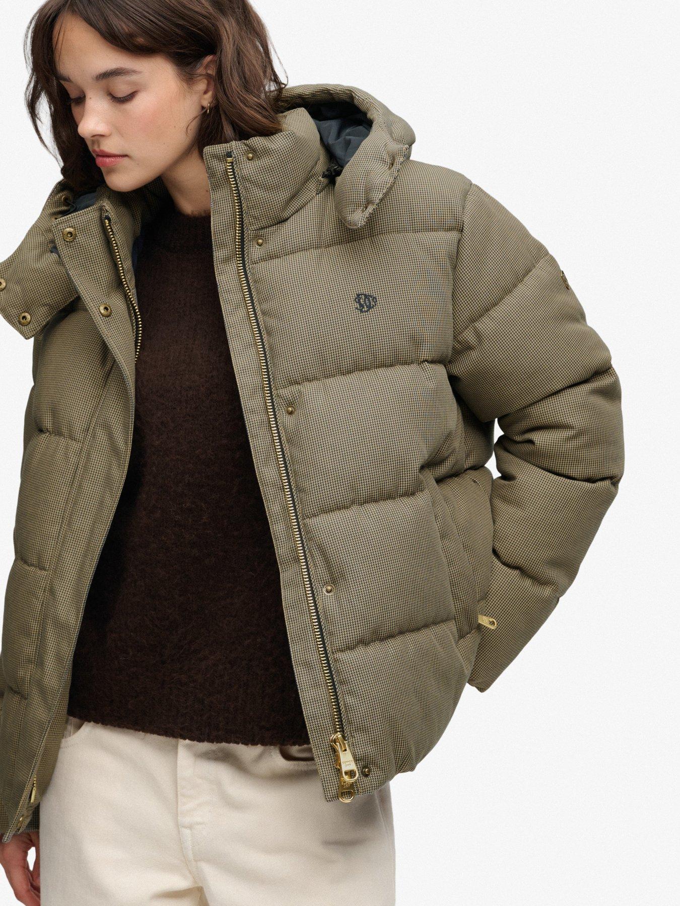 Image 4 of 7 of Superdry Womens Premium Hood Check Two-Way Zip Puffer Jacket - Brown