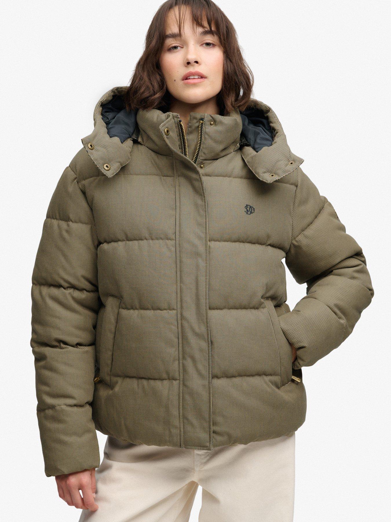 Image 5 of 7 of Superdry Womens Premium Hood Check Two-Way Zip Puffer Jacket - Brown