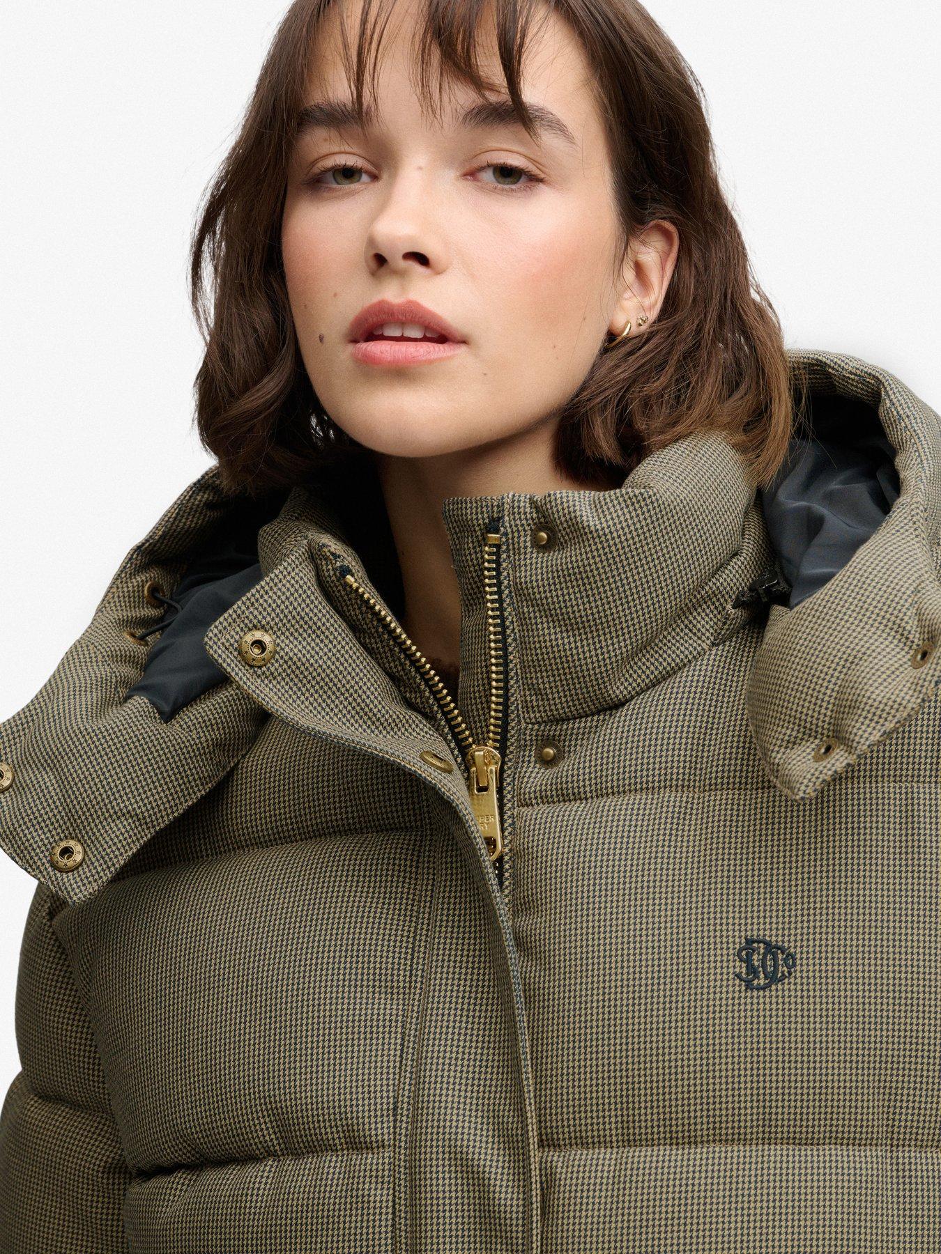 Image 6 of 7 of Superdry Womens Premium Hood Check Two-Way Zip Puffer Jacket - Brown