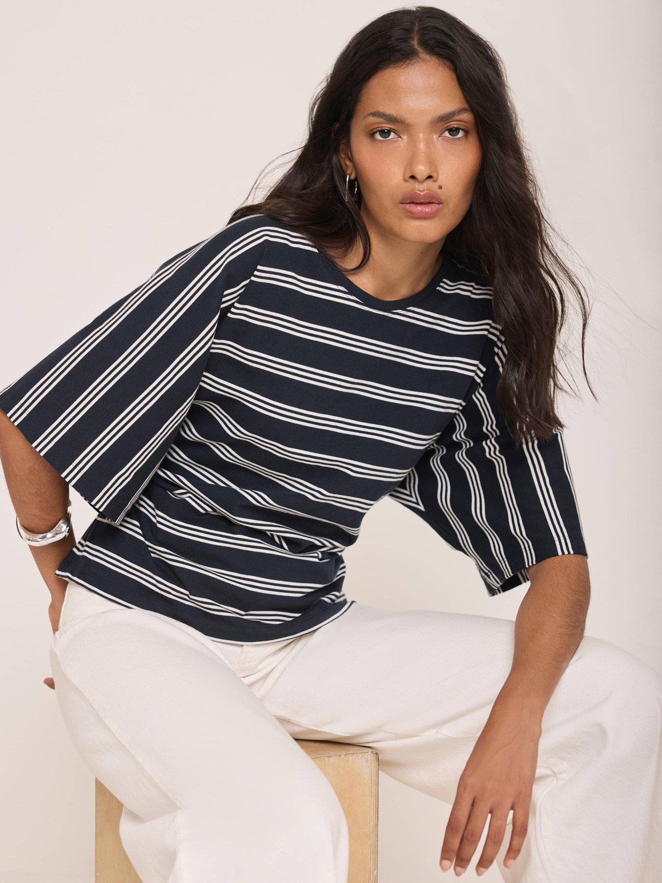Image 2 of 6 of Mint Velvet Womens Batwing Stripe T-Shirt - Blue