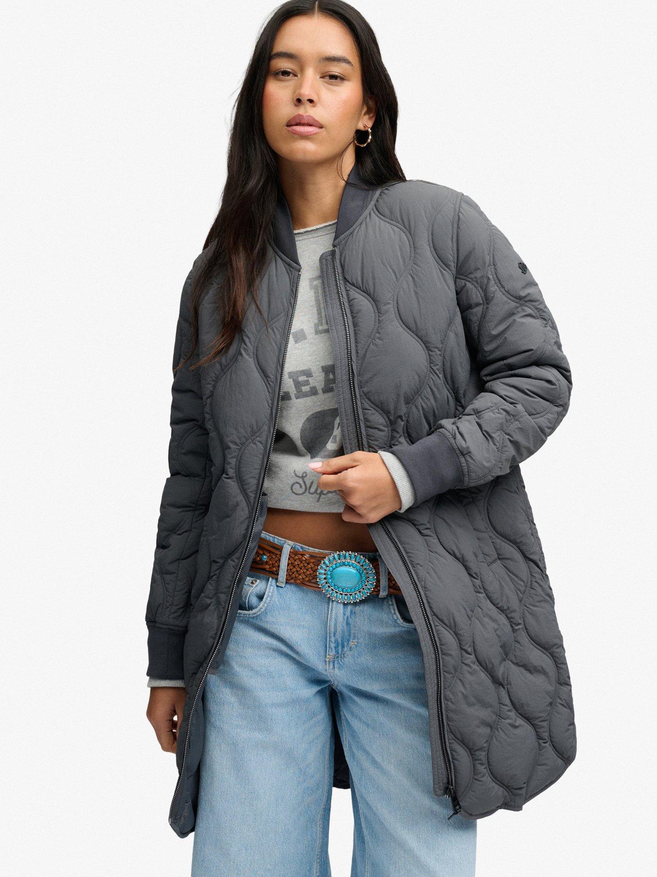 Image 1 of 7 of Superdry Womens Long Onion Quilt Longline Padded Jacket - Black