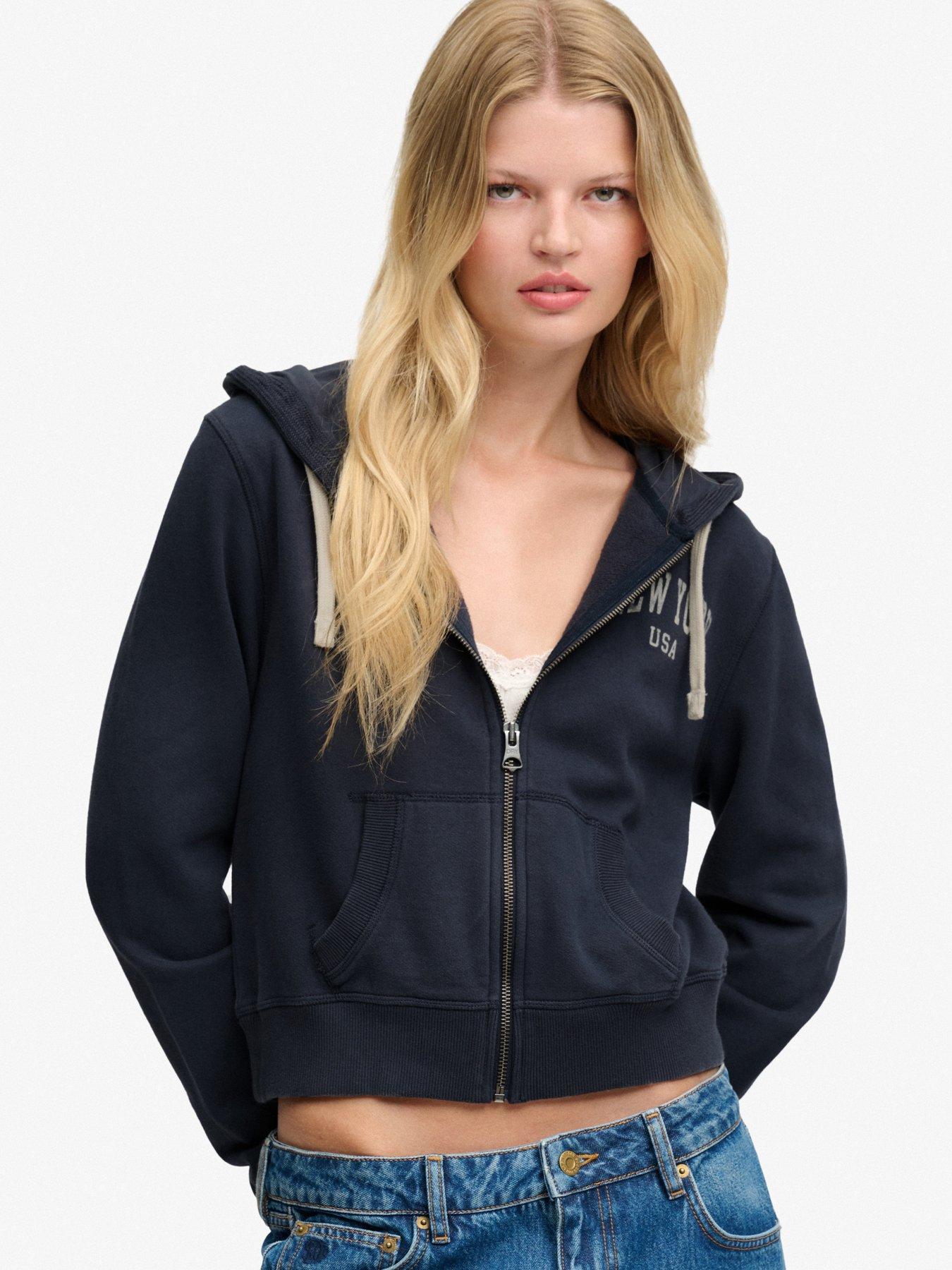Image 1 of 5 of Superdry Womens Athletic Essentials Cropped Zip Hoodie - Navy
