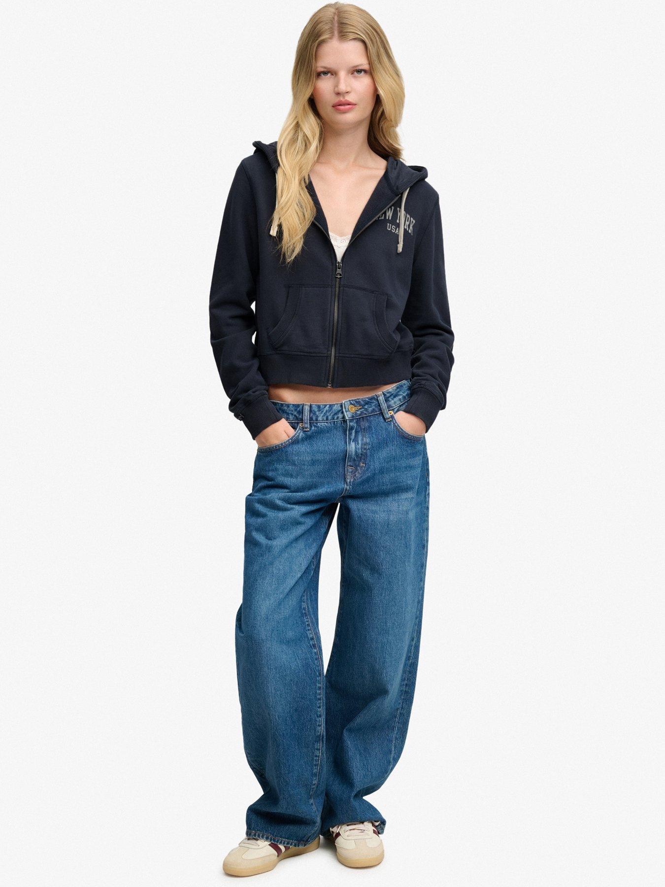 Image 3 of 5 of Superdry Womens Athletic Essentials Cropped Zip Hoodie - Navy