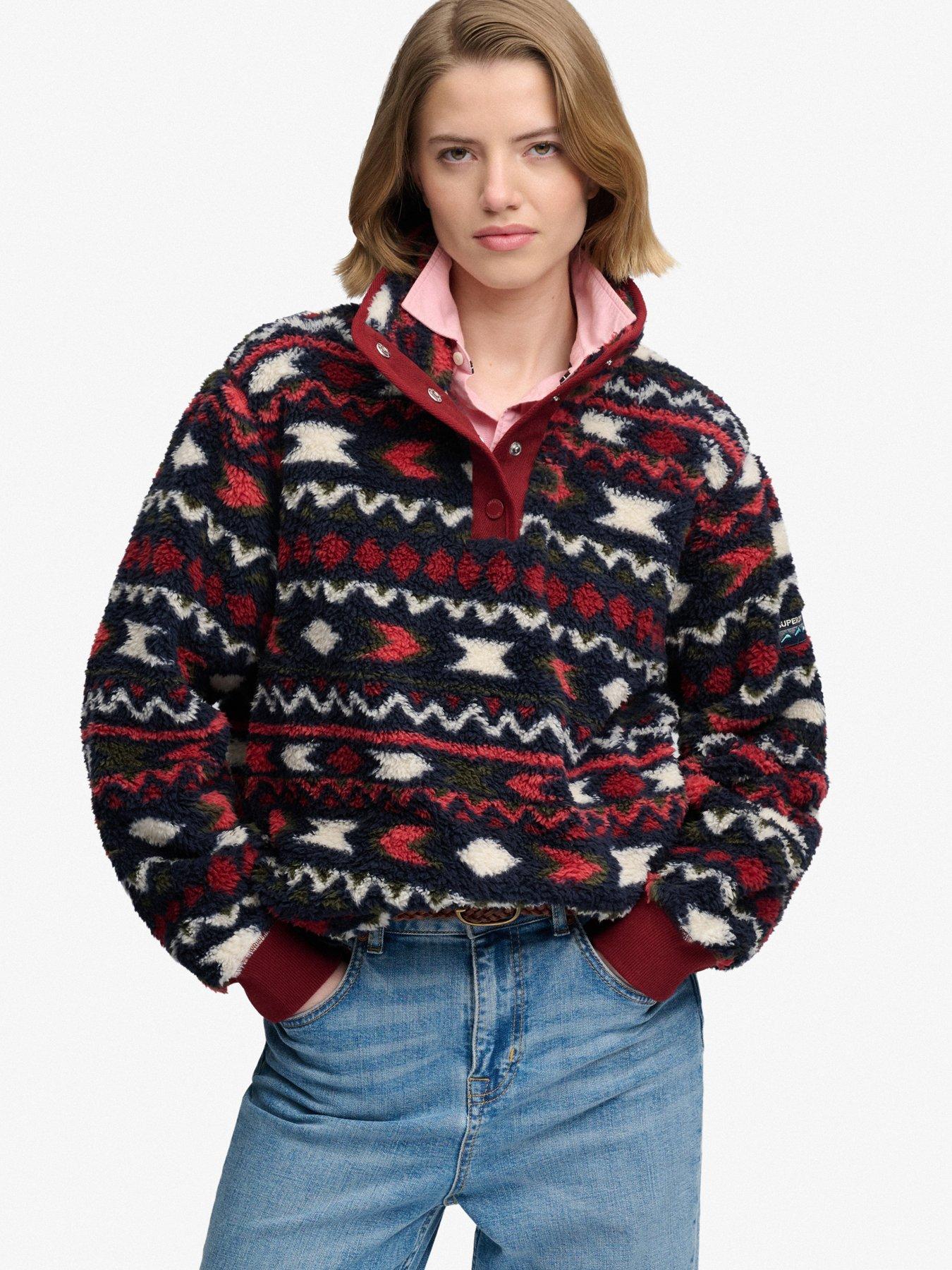 Image 1 of 7 of Superdry Womens Super Soft Printed Half Button Fleece Sweatshirt - Red