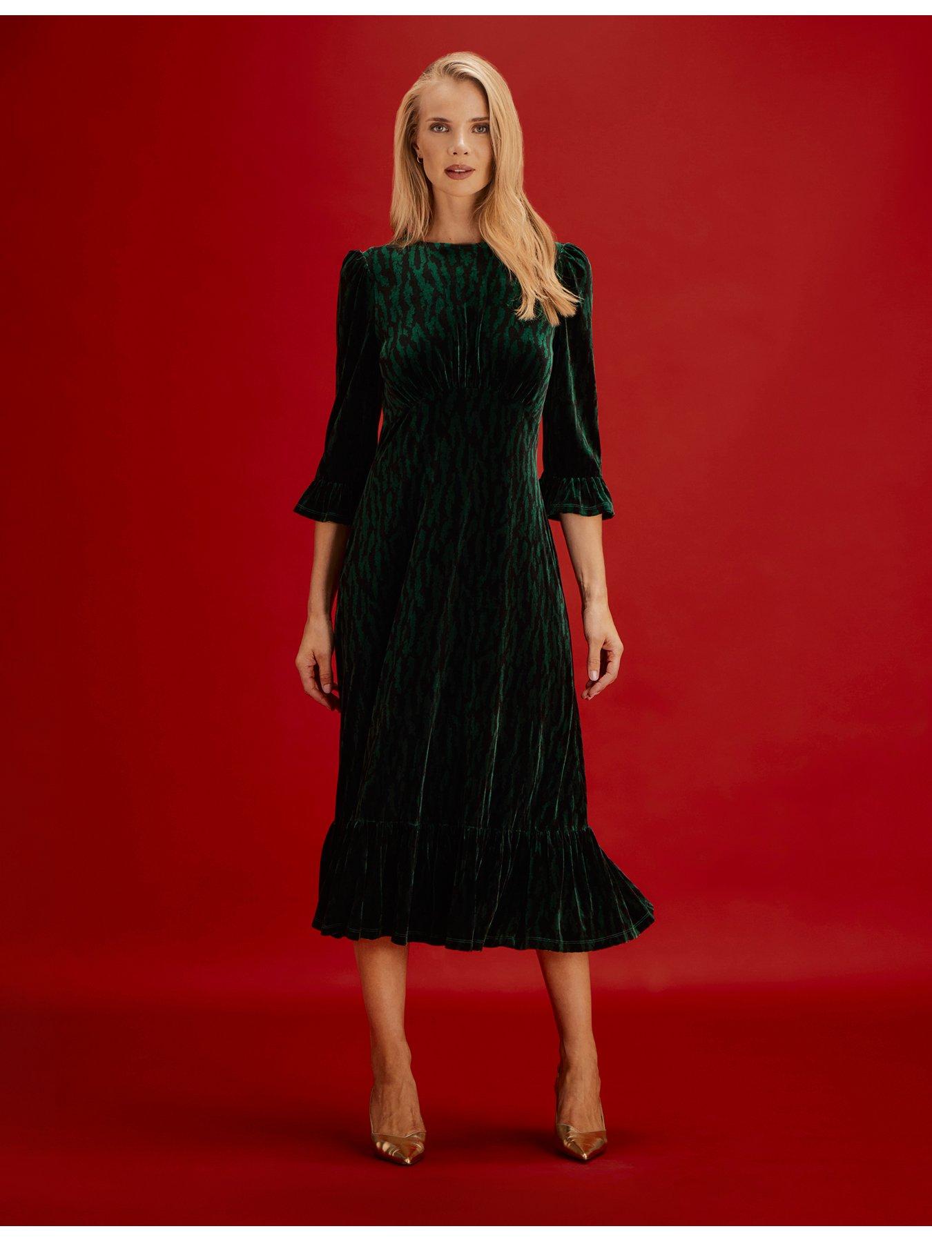 Image 1 of 7 of Finery Womens Scarlett Velvet Zebra Empire Waist Midi Dress - Green