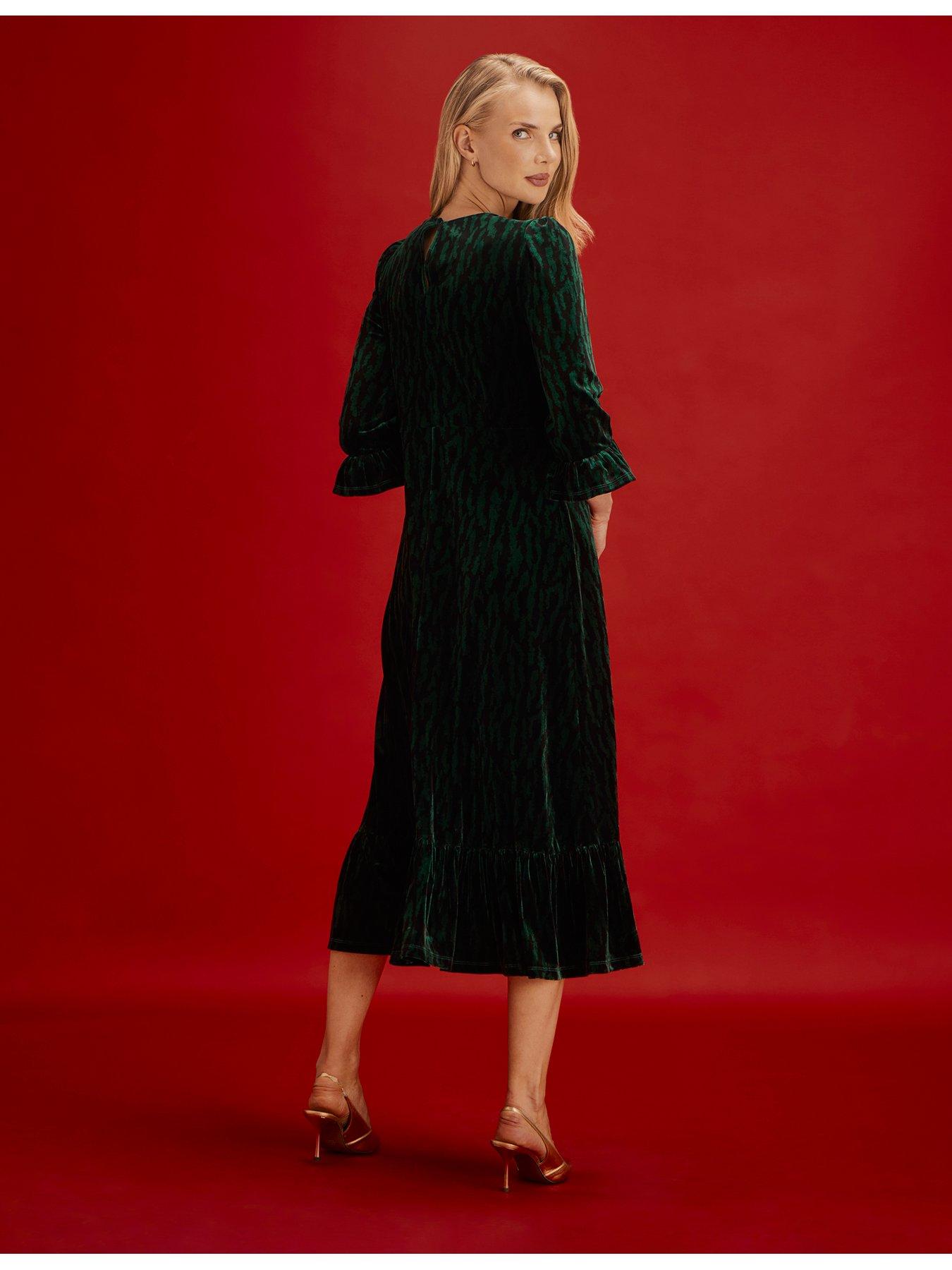 Image 2 of 7 of Finery Womens Scarlett Velvet Zebra Empire Waist Midi Dress - Green