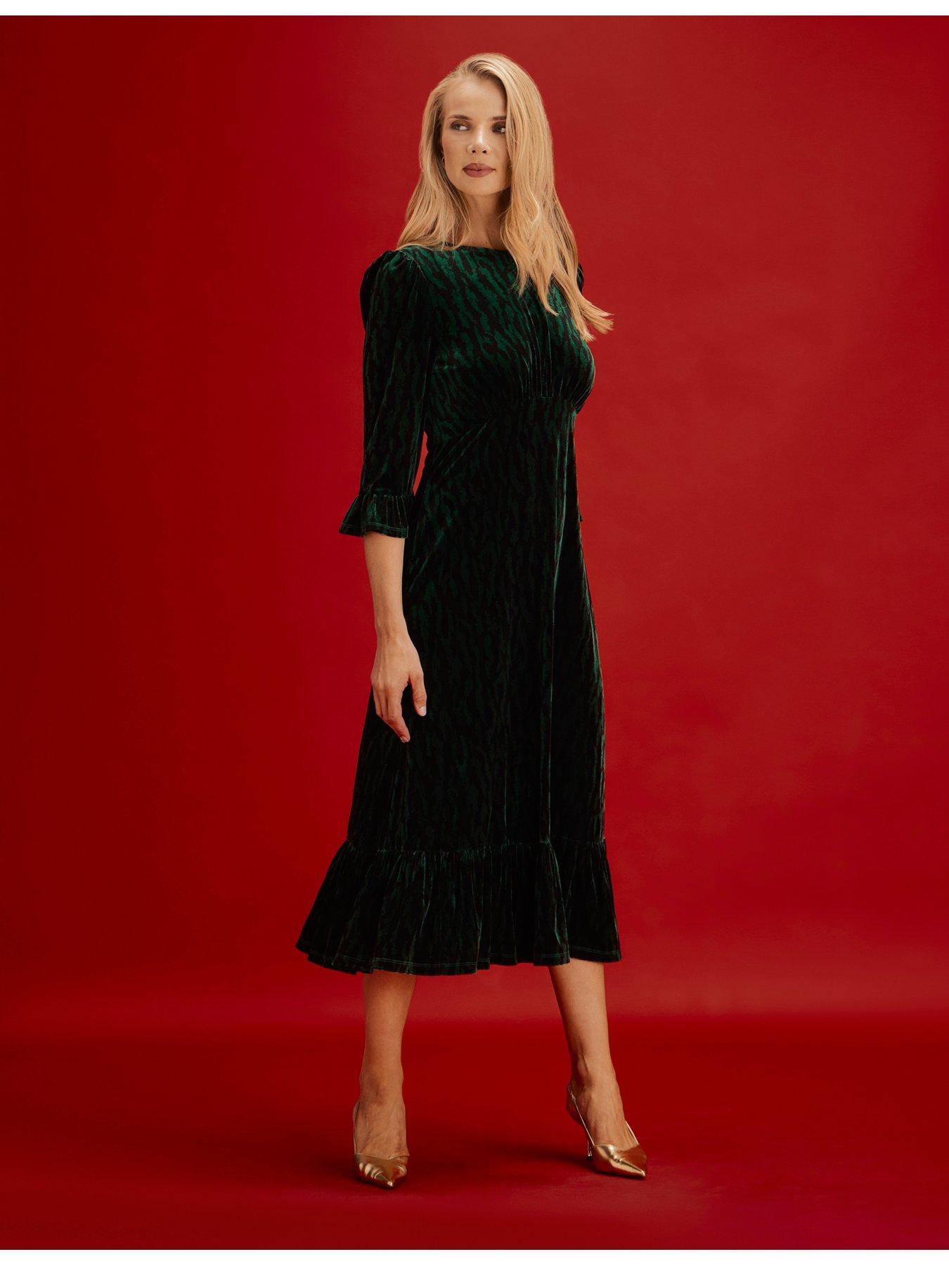Image 3 of 7 of Finery Womens Scarlett Velvet Zebra Empire Waist Midi Dress - Green