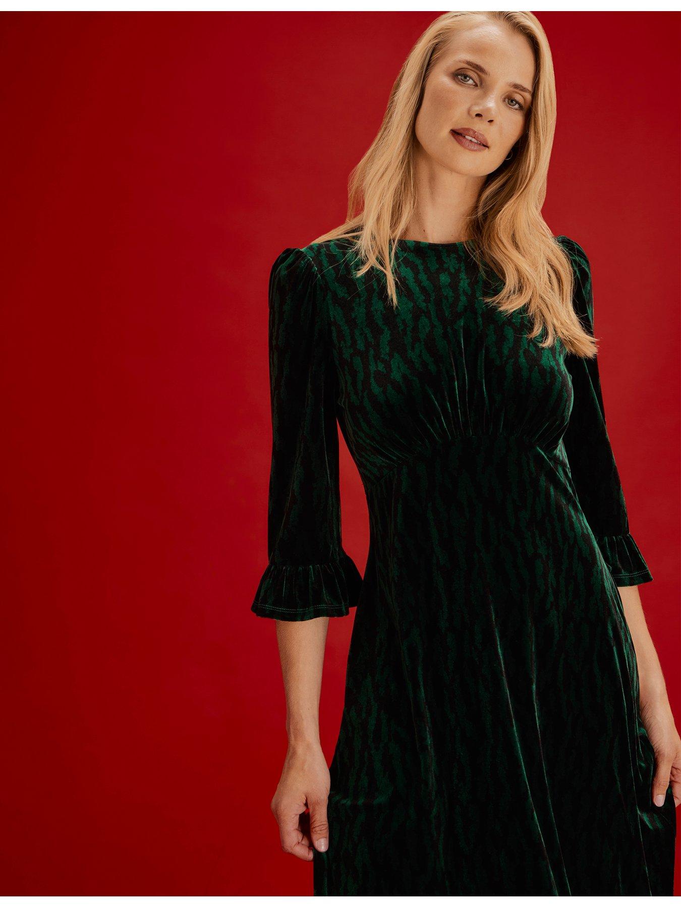 Image 4 of 7 of Finery Womens Scarlett Velvet Zebra Empire Waist Midi Dress - Green