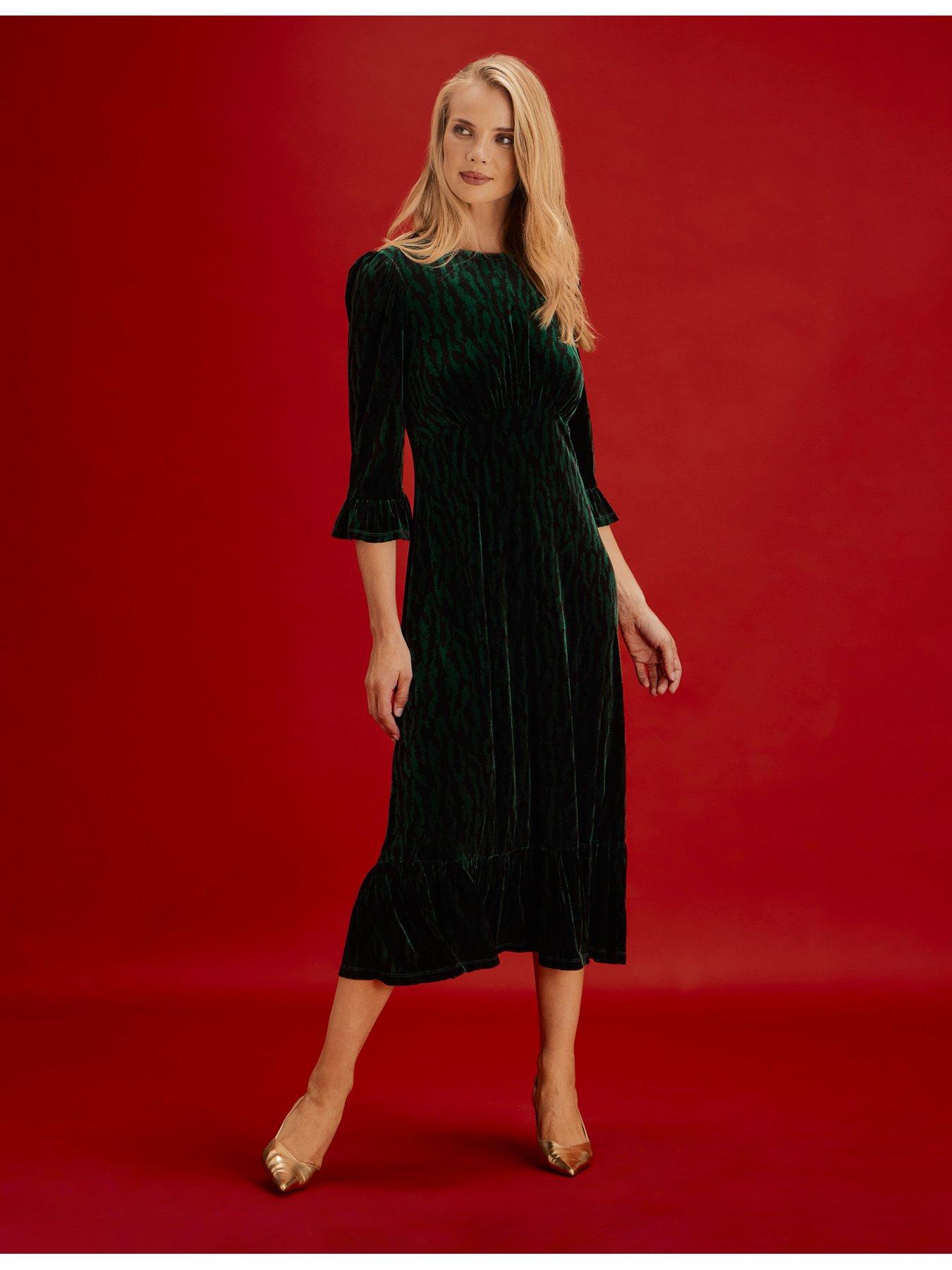 Image 5 of 7 of Finery Womens Scarlett Velvet Zebra Empire Waist Midi Dress - Green