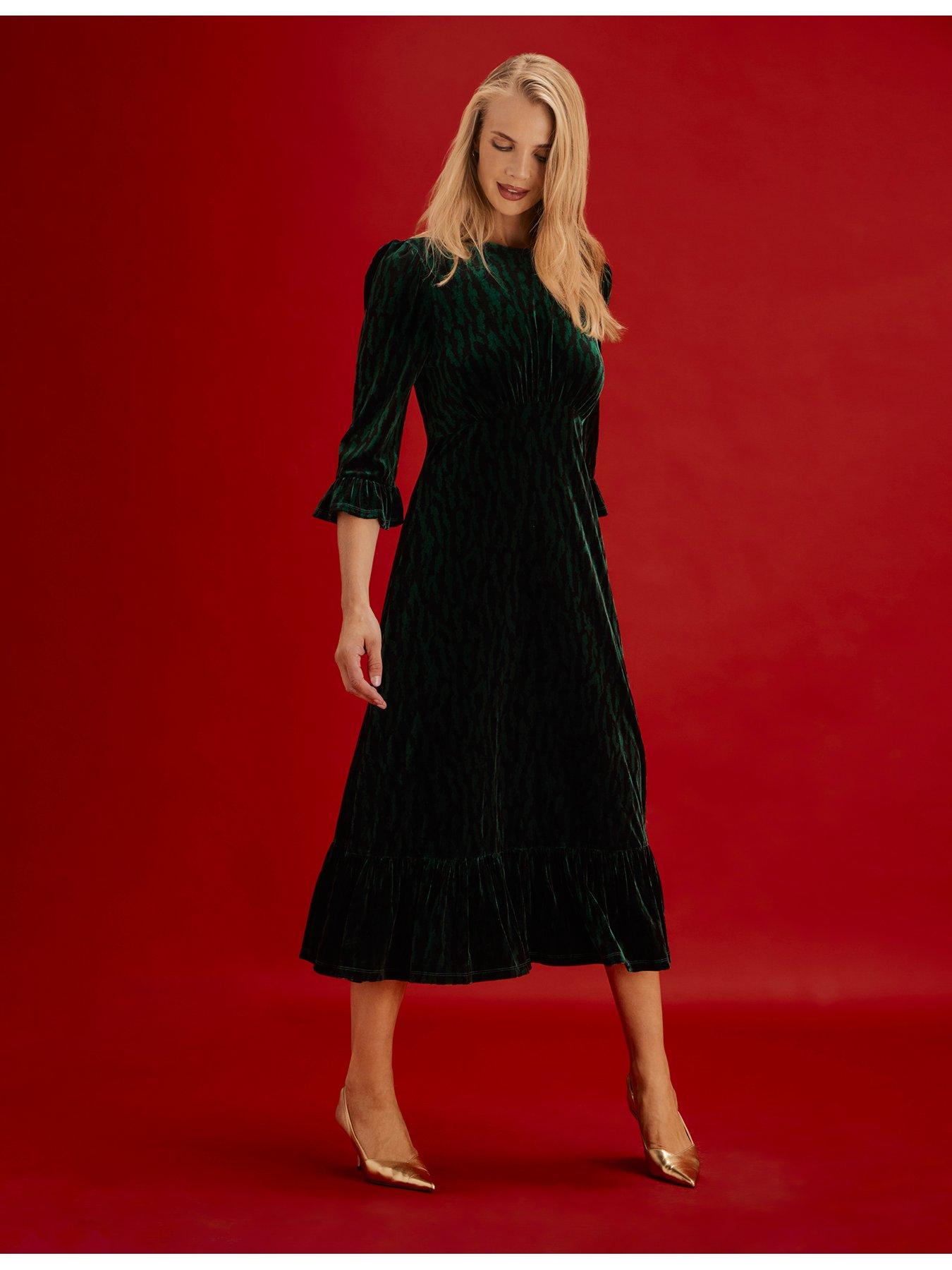 Image 6 of 7 of Finery Womens Scarlett Velvet Zebra Empire Waist Midi Dress - Green