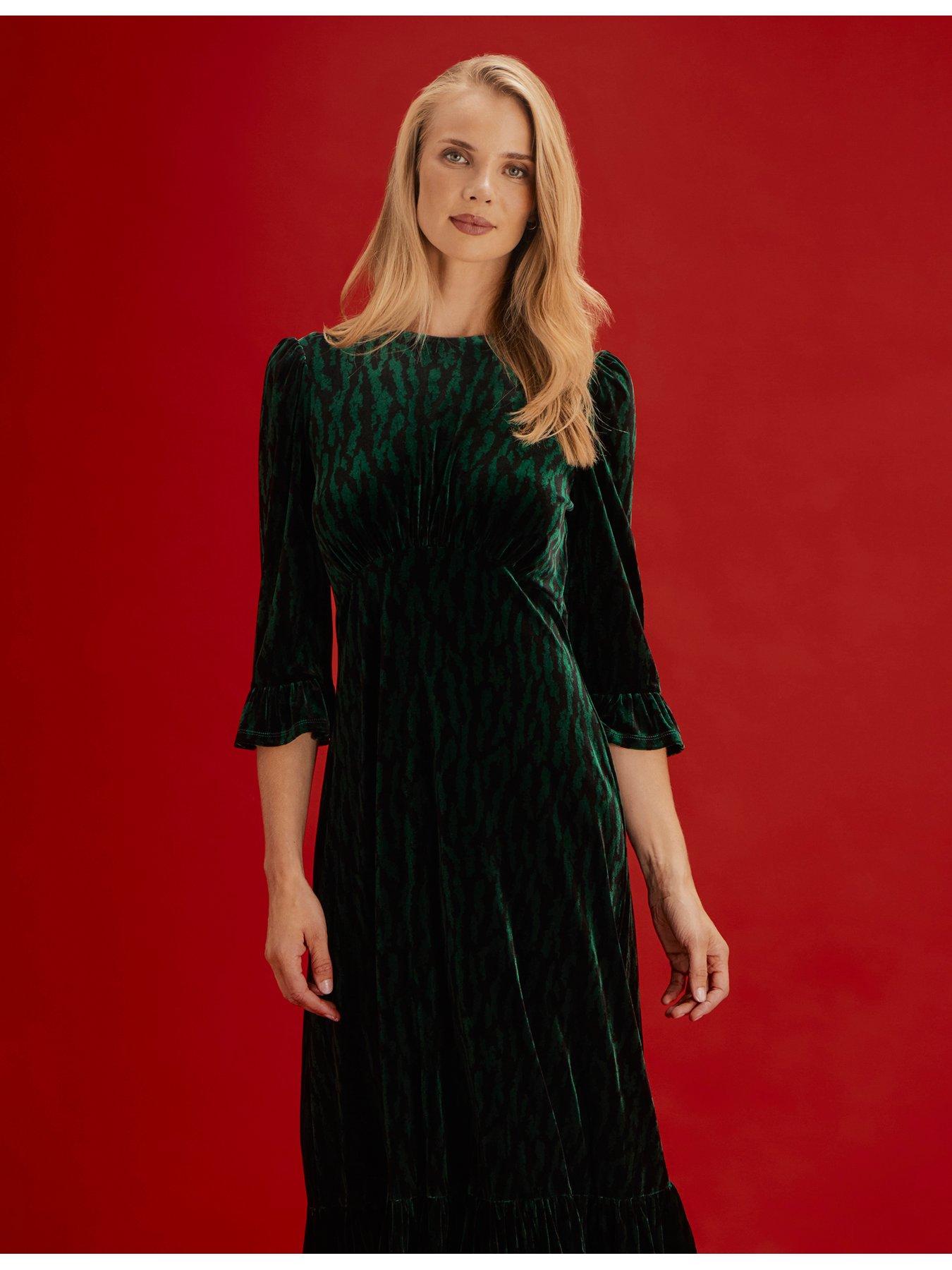 Image 7 of 7 of Finery Womens Scarlett Velvet Zebra Empire Waist Midi Dress - Green