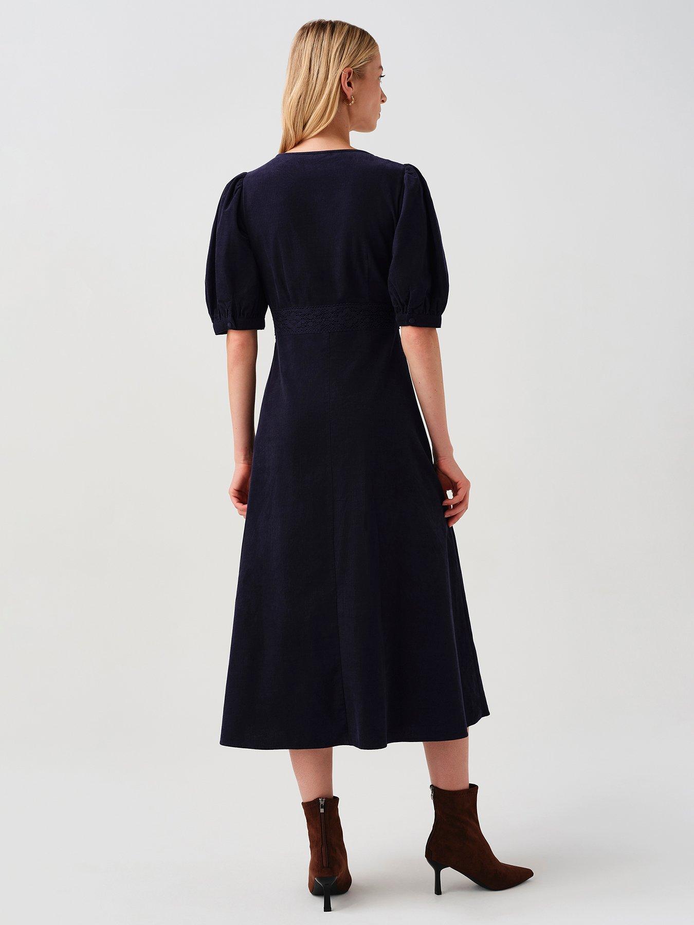Image 2 of 7 of Ghost Womens Bella Wrap V-Neck Puff Sleeve Dress - Navy