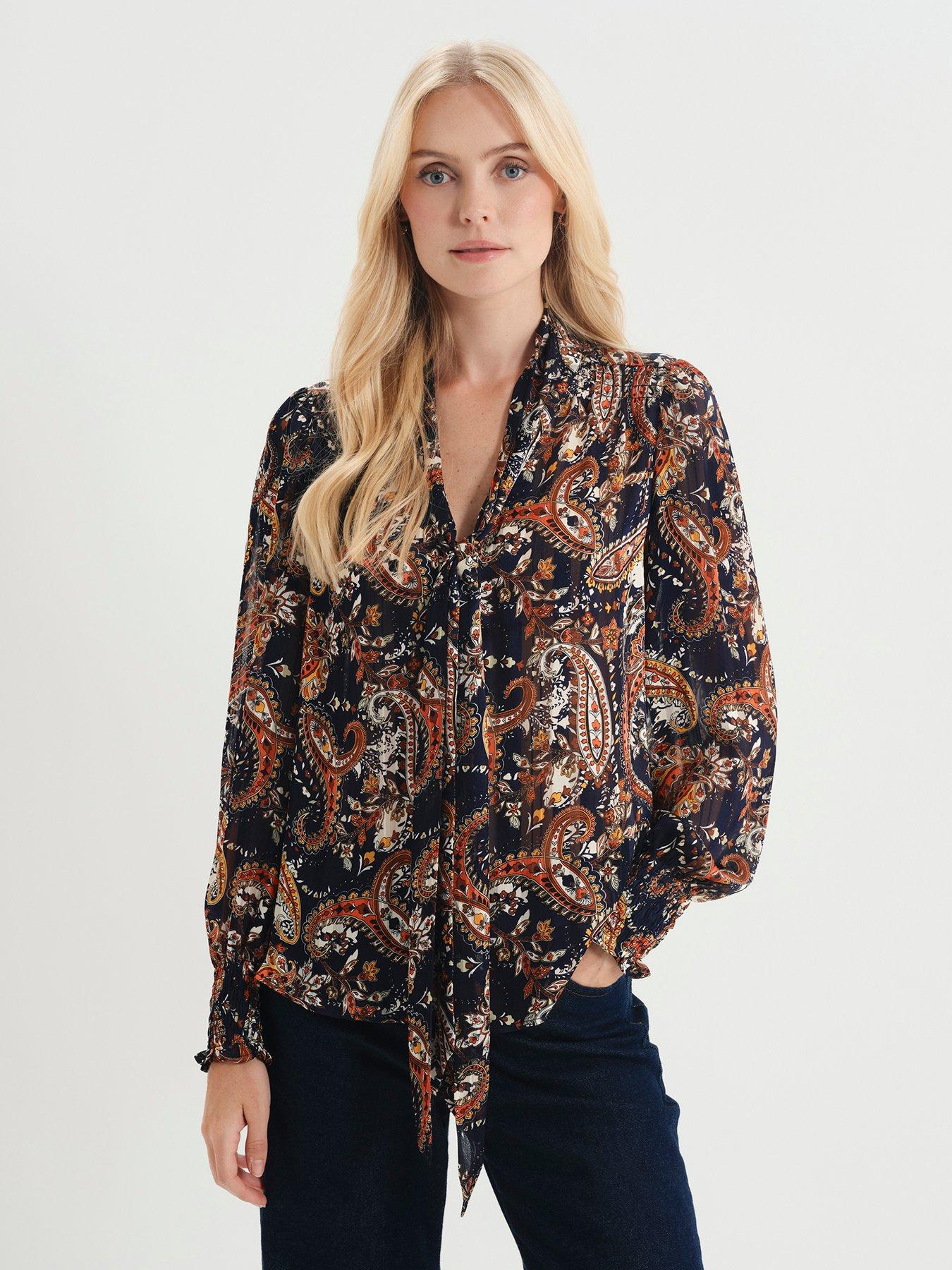 Image 1 of 7 of Finery Womens Mavis Tie-Neck Satin Stripe Top - Multi