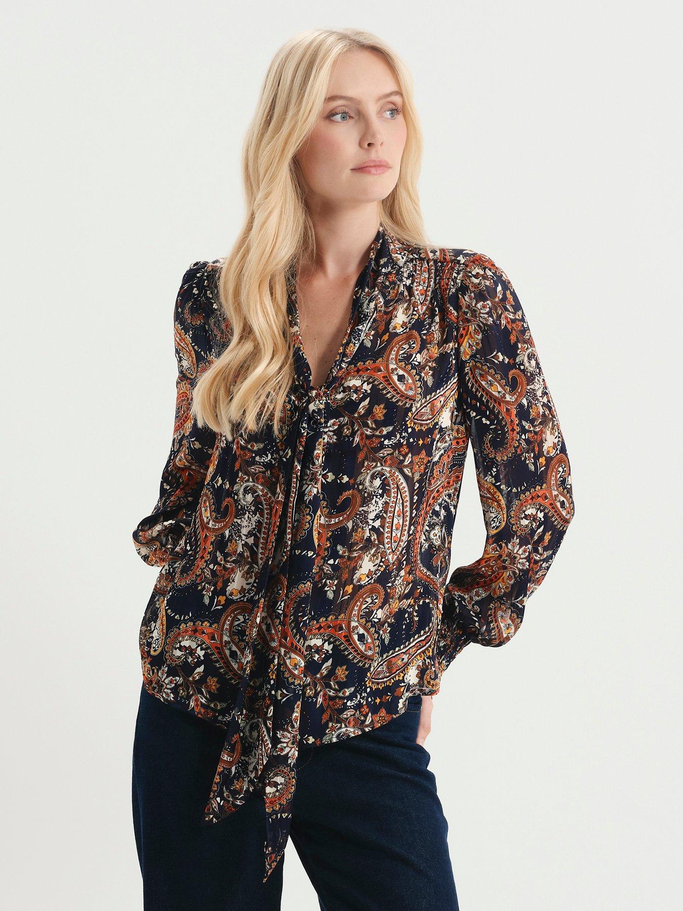 Image 6 of 7 of Finery Womens Mavis Tie-Neck Satin Stripe Top - Multi