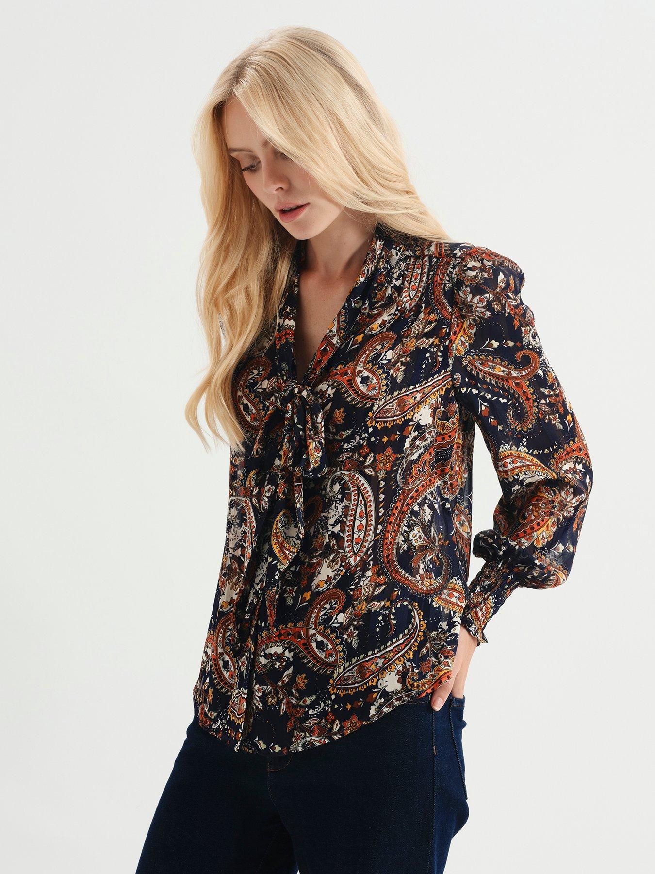 Image 7 of 7 of Finery Womens Mavis Tie-Neck Satin Stripe Top - Multi
