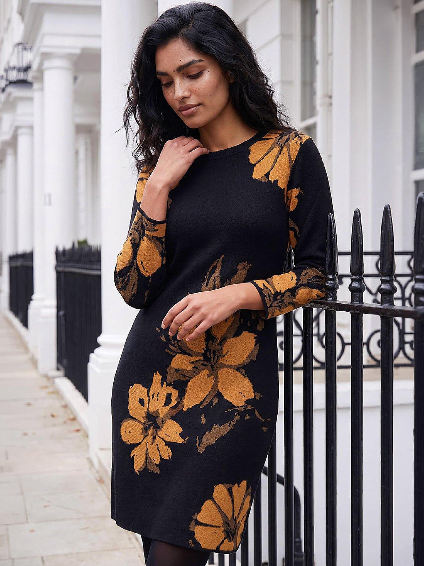Image 1 of 4 of Roman Womens Floral Jacquard Knee Length Long Sleeve Dress - Yellow