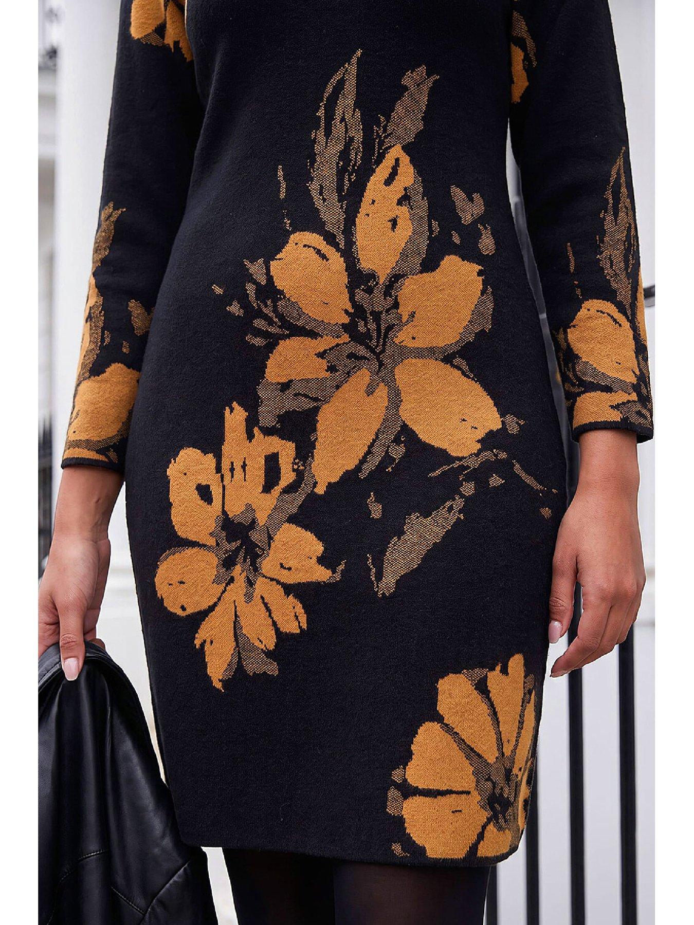 Image 2 of 4 of Roman Womens Floral Jacquard Knee Length Long Sleeve Dress - Yellow