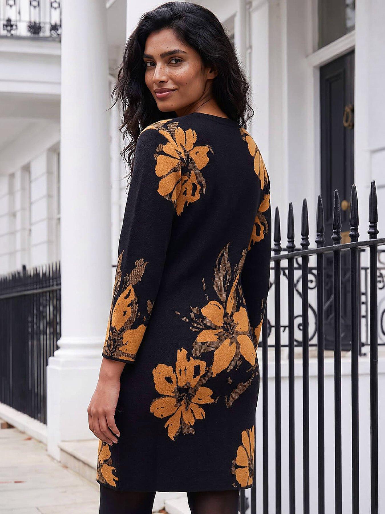 Image 3 of 4 of Roman Womens Floral Jacquard Knee Length Long Sleeve Dress - Yellow
