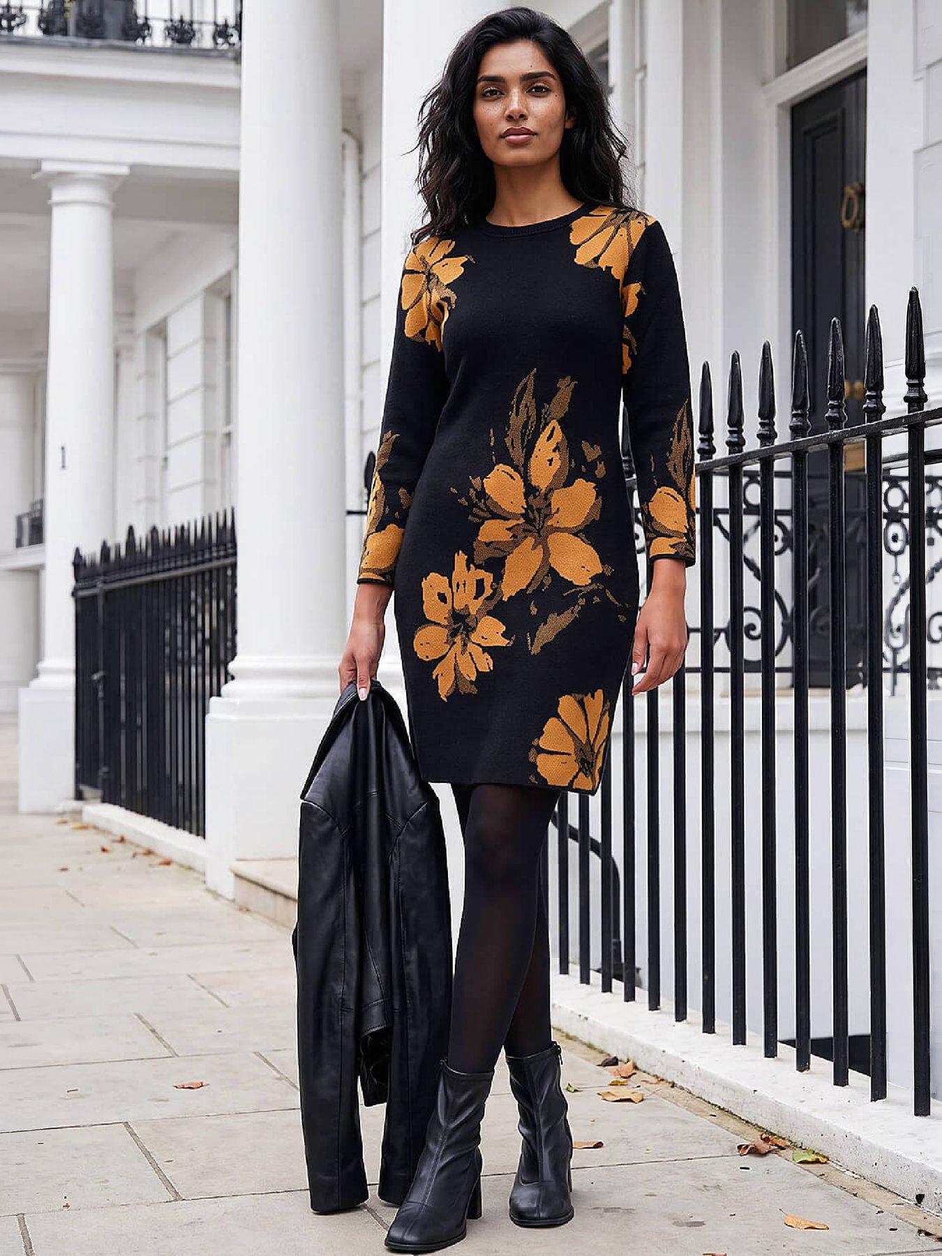 Image 4 of 4 of Roman Womens Floral Jacquard Knee Length Long Sleeve Dress - Yellow