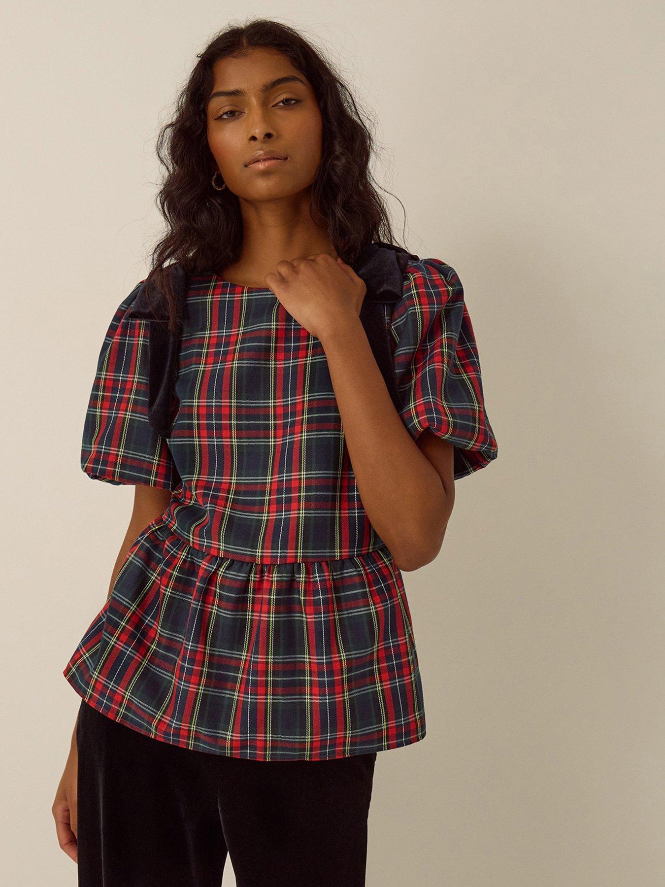 Image 1 of 6 of Monsoon Womens Dottie Tartan Puff Sleeve Bow Top - Red