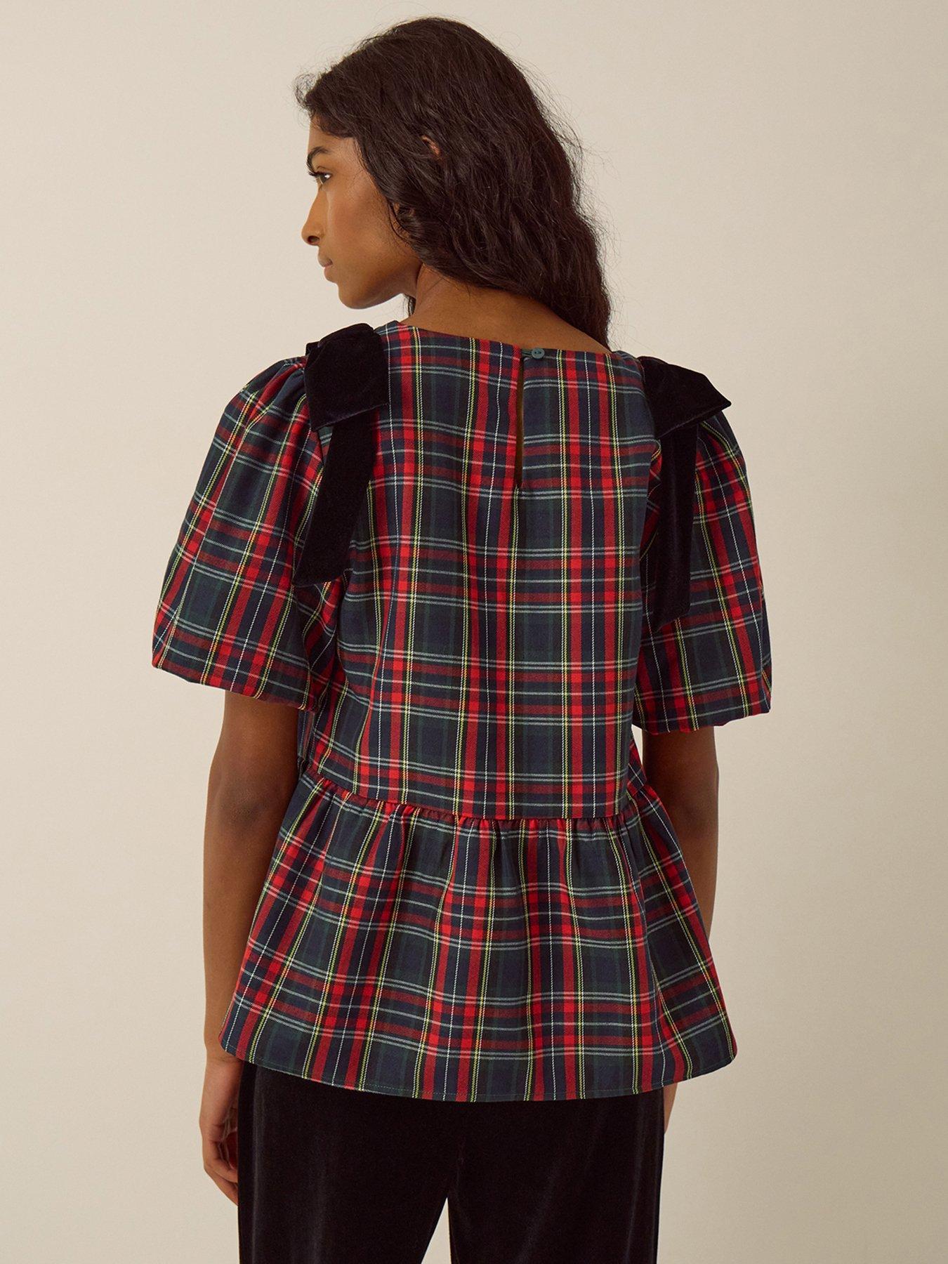 Image 2 of 6 of Monsoon Womens Dottie Tartan Puff Sleeve Bow Top - Red